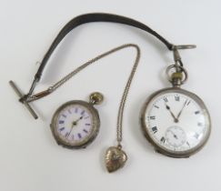 A silver open faced pocket watch, the round white