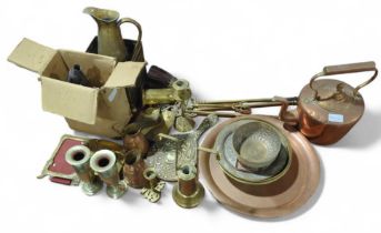 A Victorian copper kettle, brass jardiniere, brass