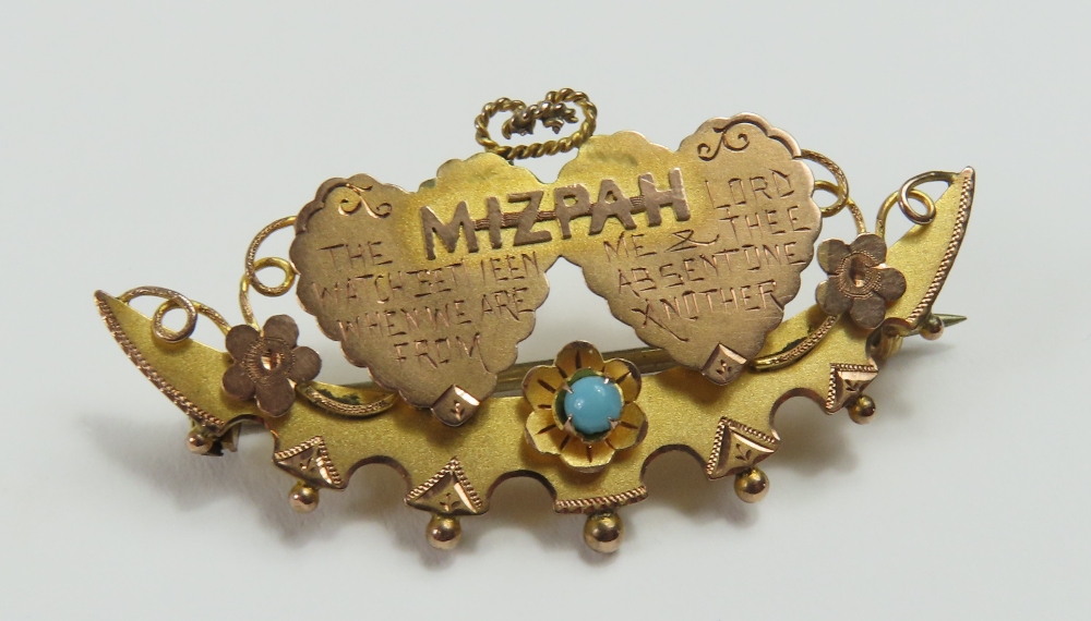 A 9ct gold Mizpah brooch set with a single simulat - Image 2 of 8