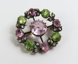 A Victorian peridot, diamond and pink stone circle