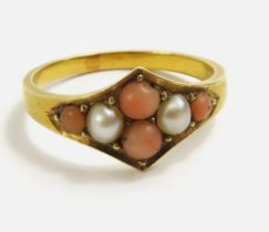 A Victorian split pearl and coral dress ring,
