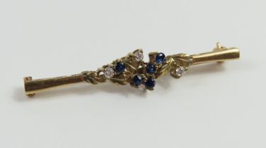 A 9ct gold sapphire and diamond bar brooch, the st