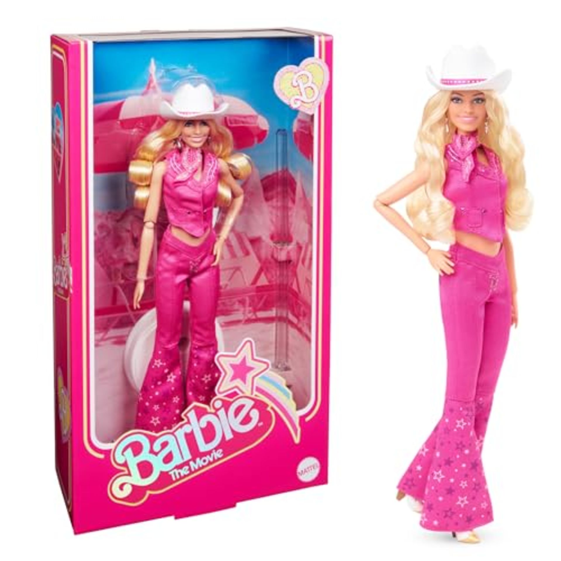 RRP £66.00 Barbie The Movie Doll, Margot Robbie Barbie Doll with Pink Western Outfit Including Wh