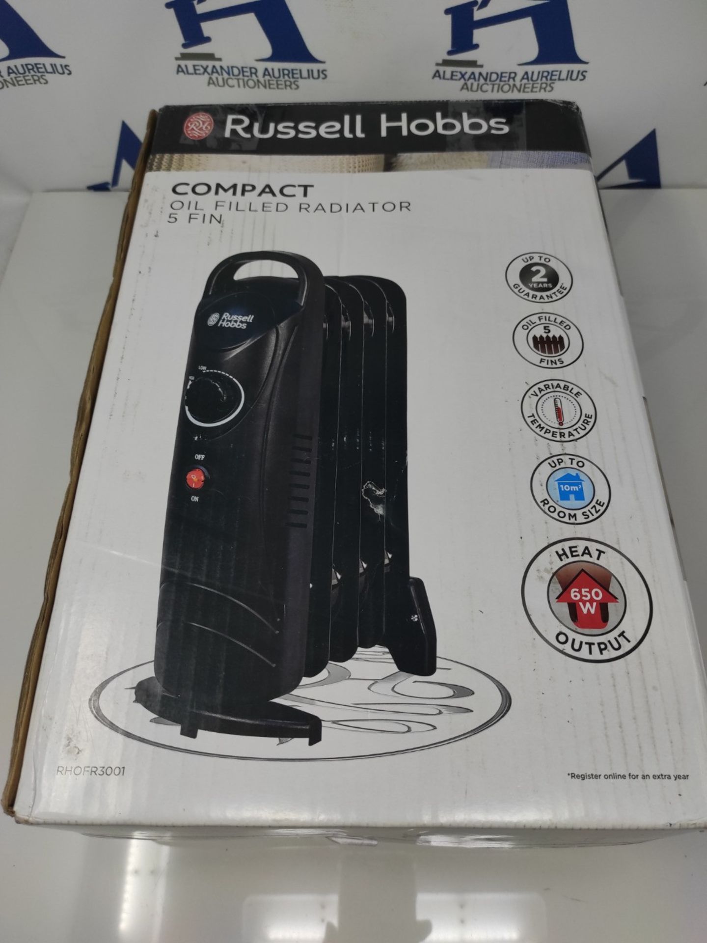 Russell Hobbs 650W Oil Filled Radiator, 5 Fin Portable Electric Heater - Black, Adjust