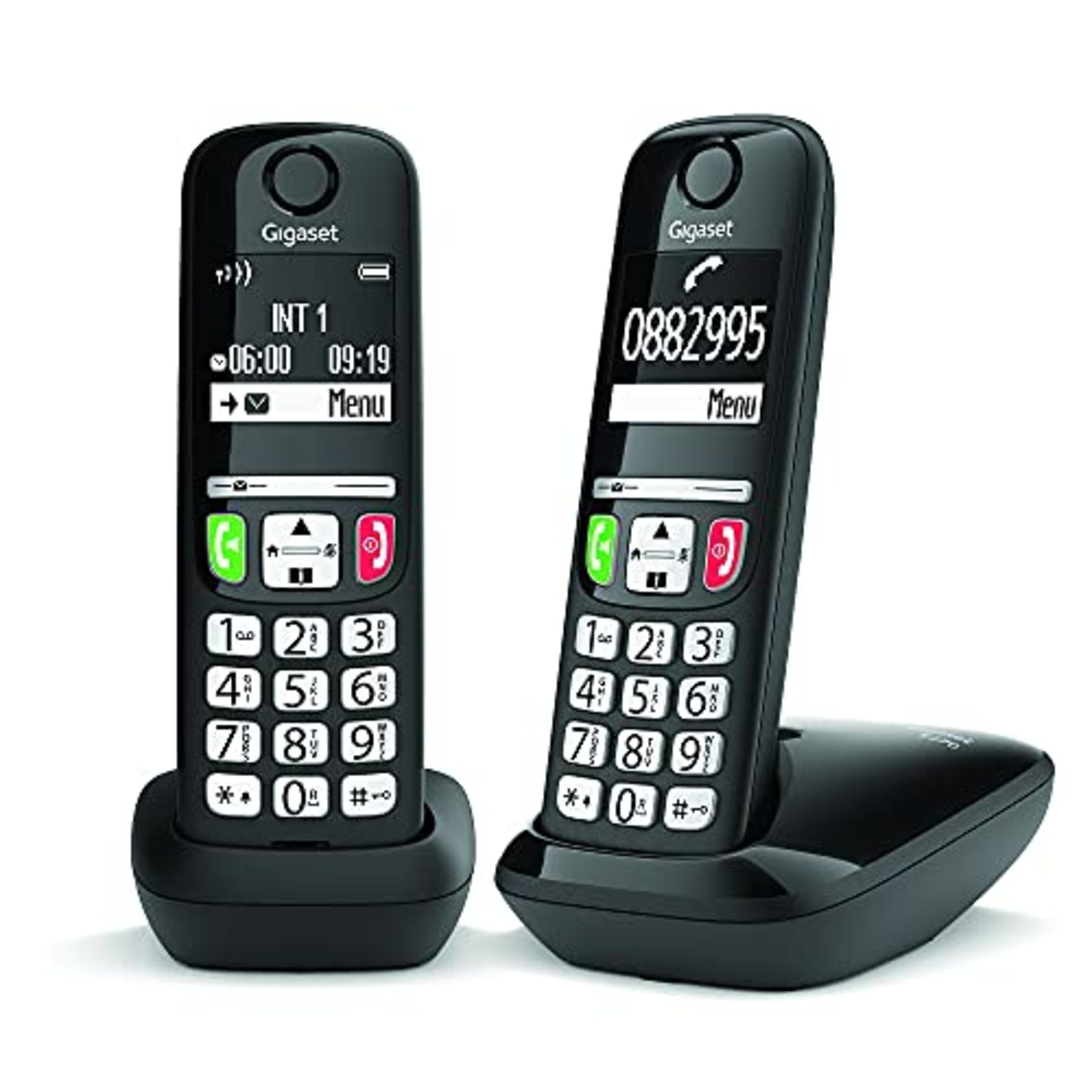 Gigaset E275 Duo. Two cordless phones with large buttons and loud ringtones. Black, It