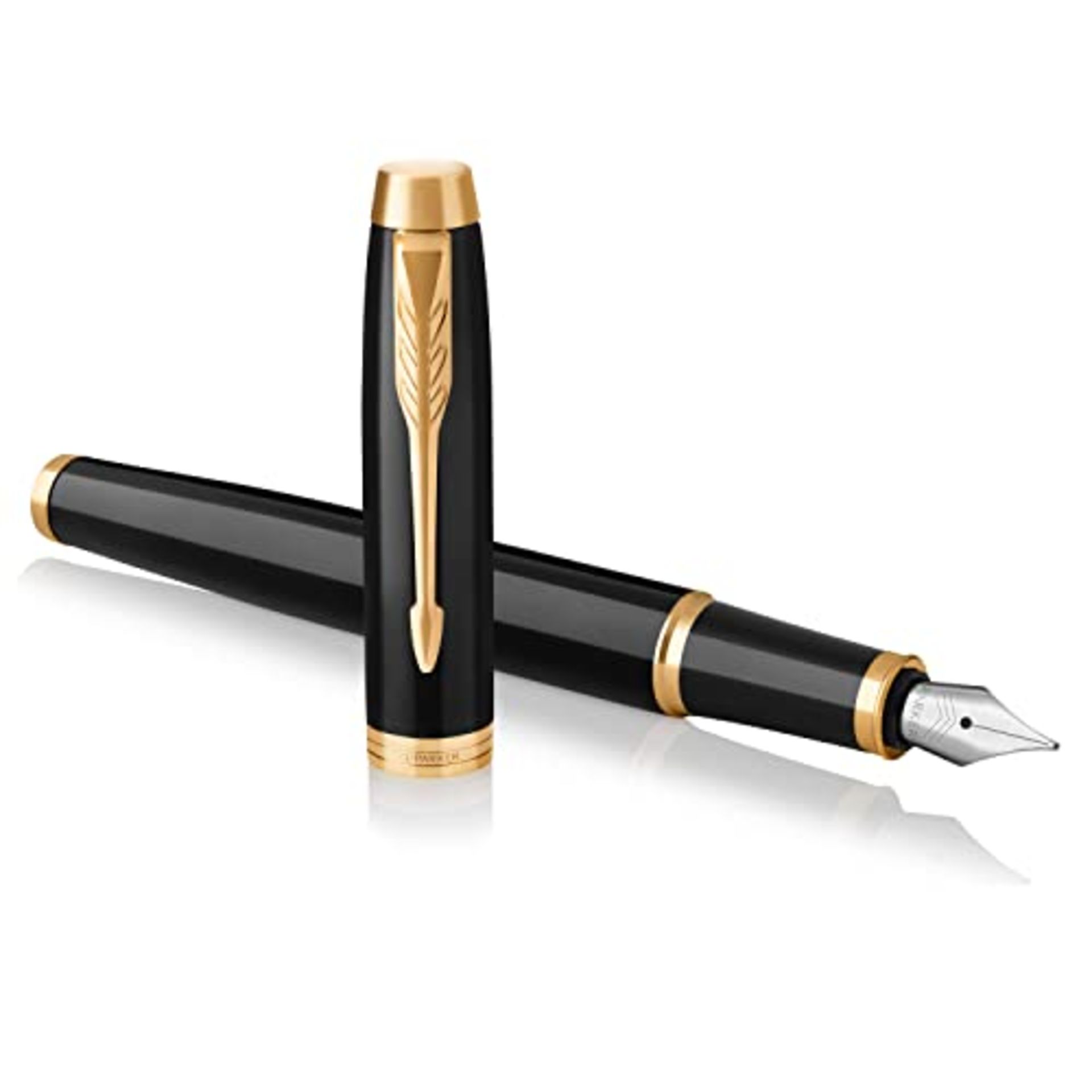 Parker IM Fountain Pen | Black Lacquer with Gold Trim | Medium Nib with Blue Ink Refil