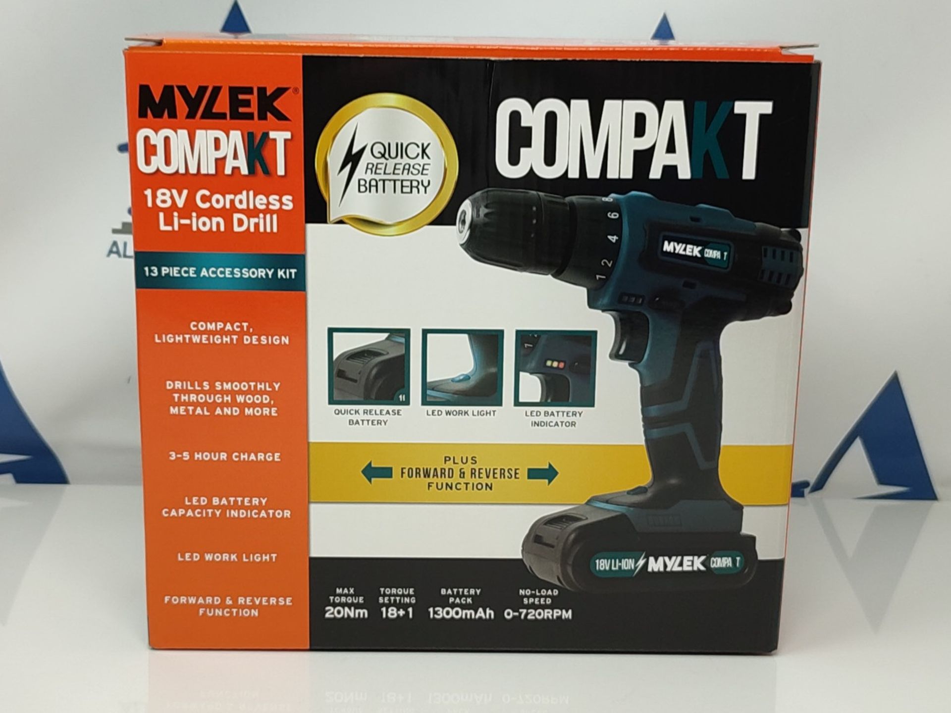 MYLEK 18V Cordless Drill - Lithium Ion Drills Driver Screwdriver Set - 13 Piece Combi