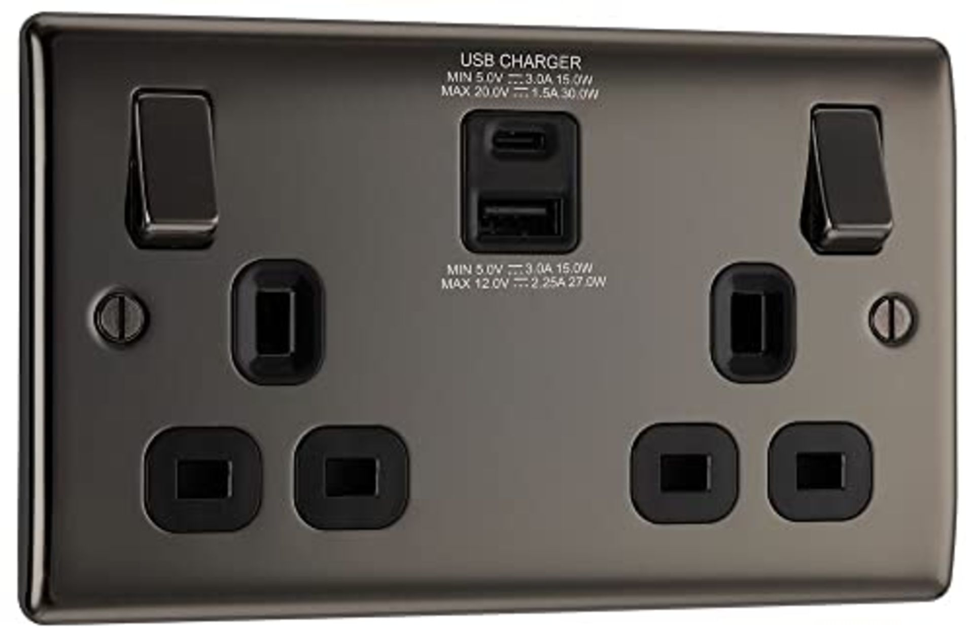 BG Electrical Nexus Metal Switched Double Socket, 13A, Type A & Type C USB, Black Nick