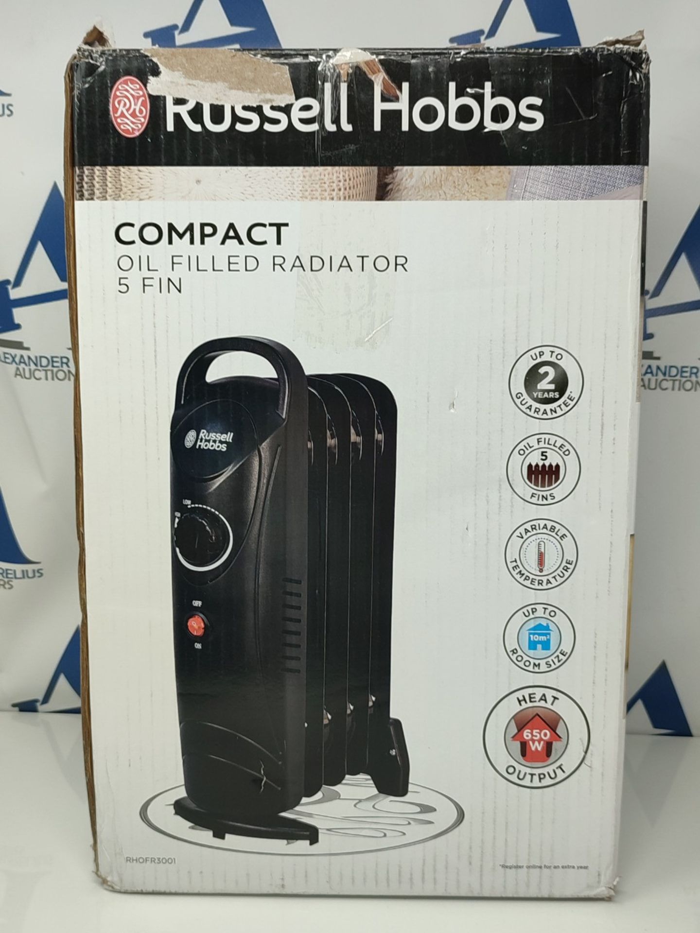 Russell Hobbs 650W Oil Filled Radiator, 5 Fin Portable Electric Heater - Black, Adjust - Image 2 of 3