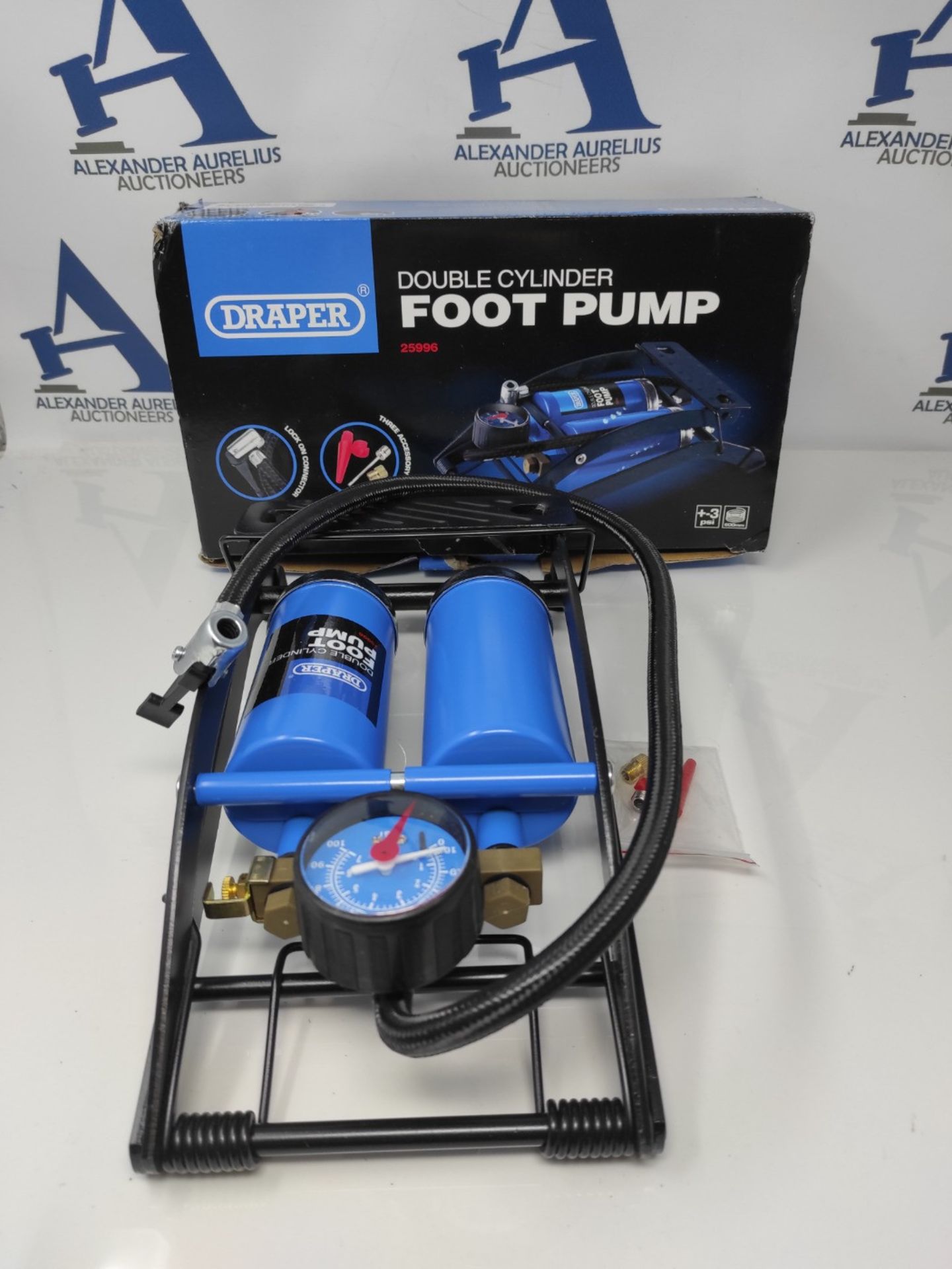 Draper Double-Cylinder Foot Pump with Pressure Gauge & Accessories - 25996 - Manual In - Image 2 of 2