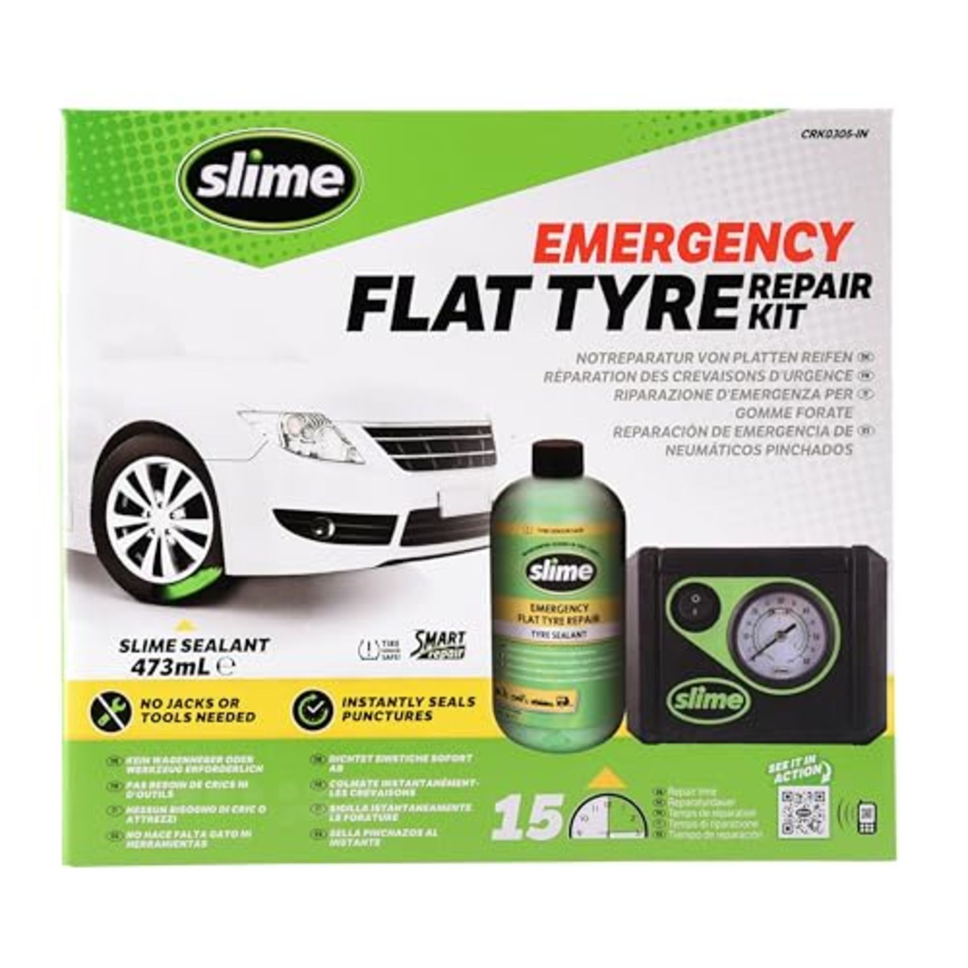 Slime CRK0305 - IN Flat Tyre Puncture Repair, Smart , Emergency Kit for Car Tyres, Inc