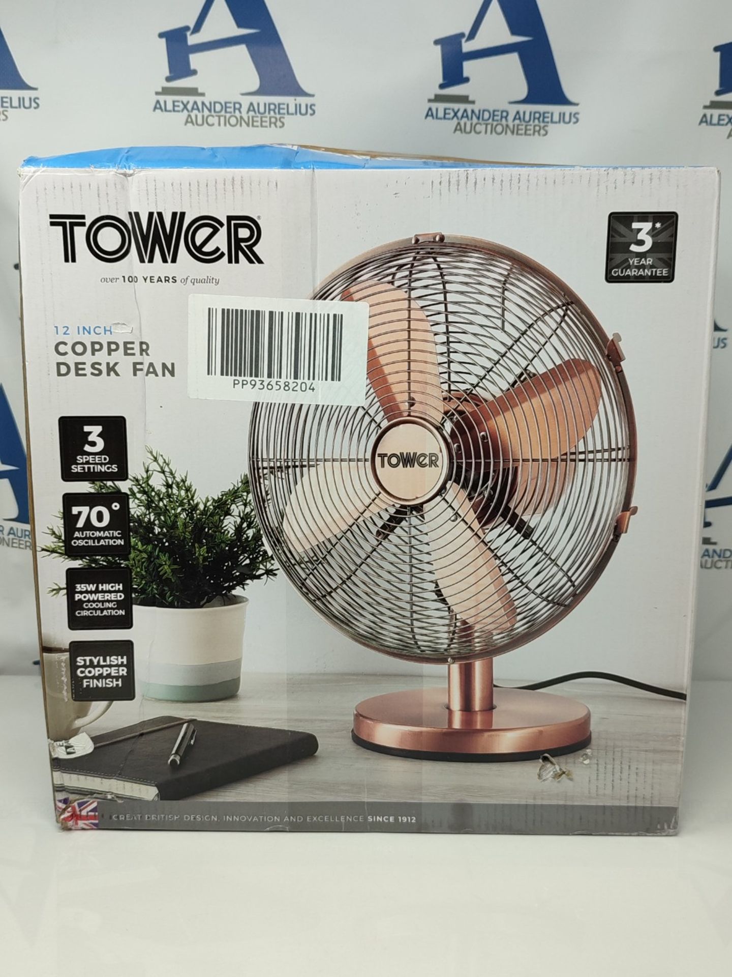 Tower T605000C Metal Desk Fan with 3 Speeds, Automatic Oscillation, 12 , 35W, Copper - Image 2 of 3
