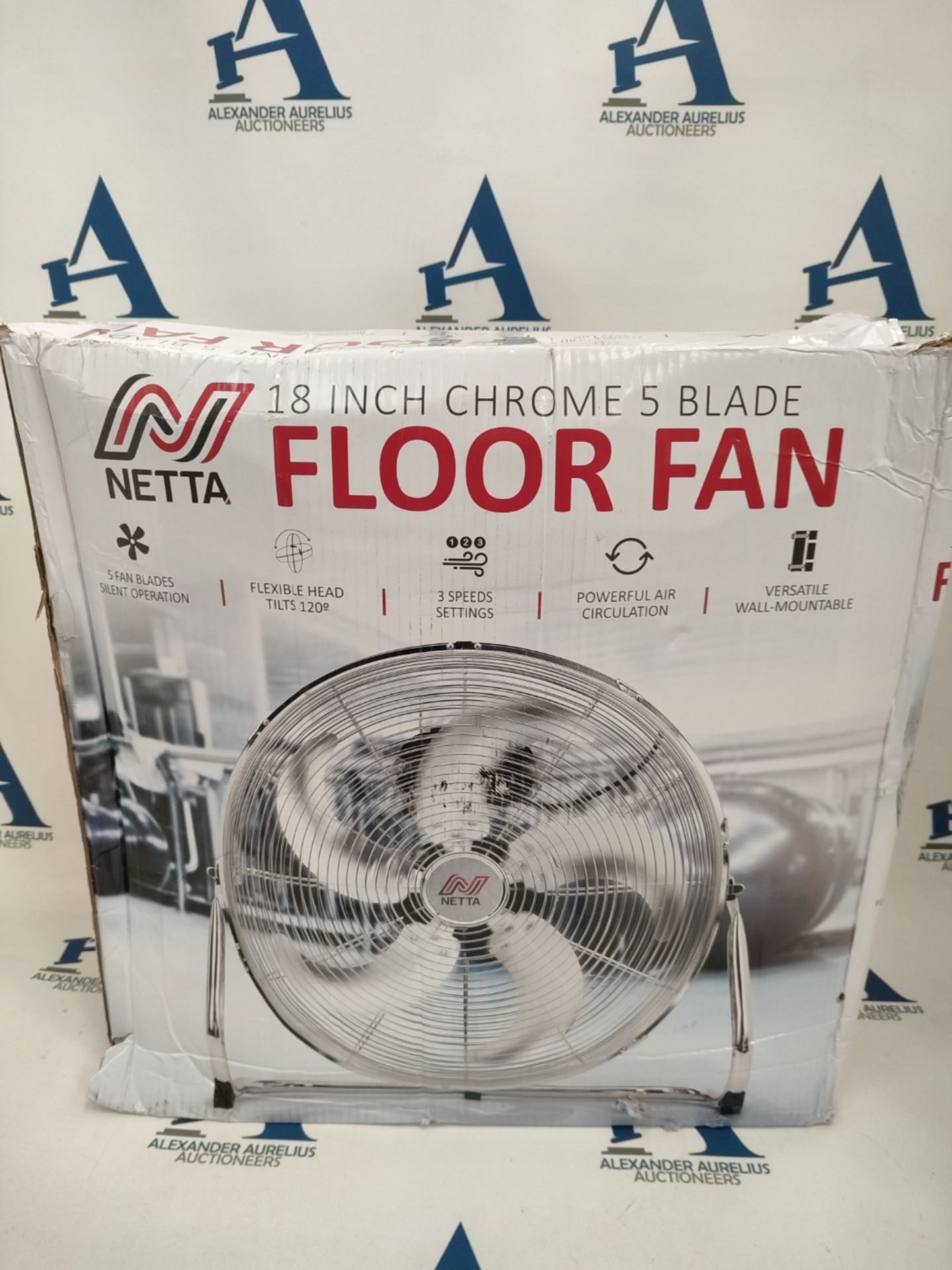 NETTA Gym Floor Standing Fan  18" with 5 Blades  3 Speed Settings and Tilt Optio