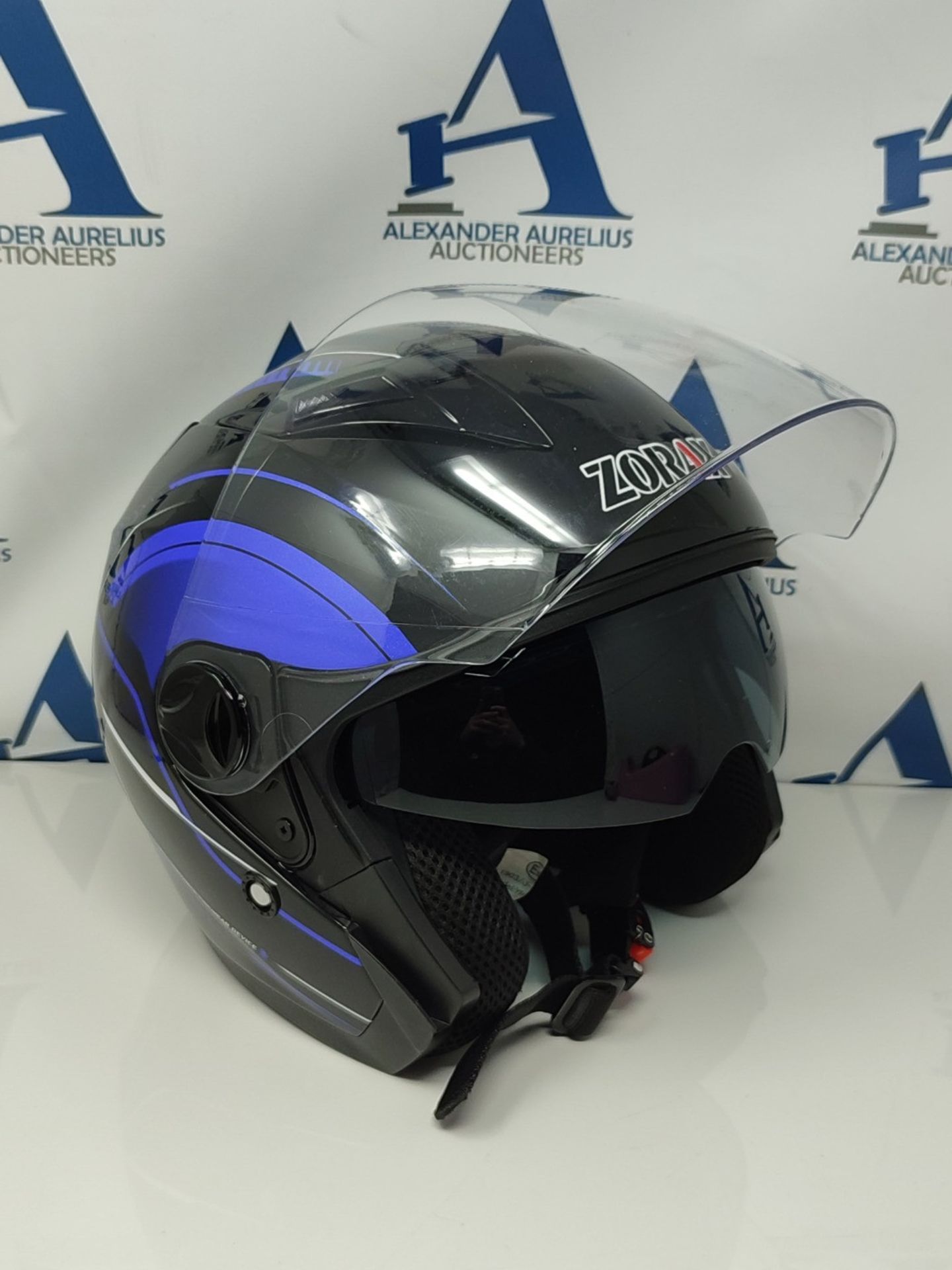 RRP £58.00 Zorax Graphic Blue M (57-58cm) ZOR-608 Double Sun Visor Open Face Motorbike Motorcycle