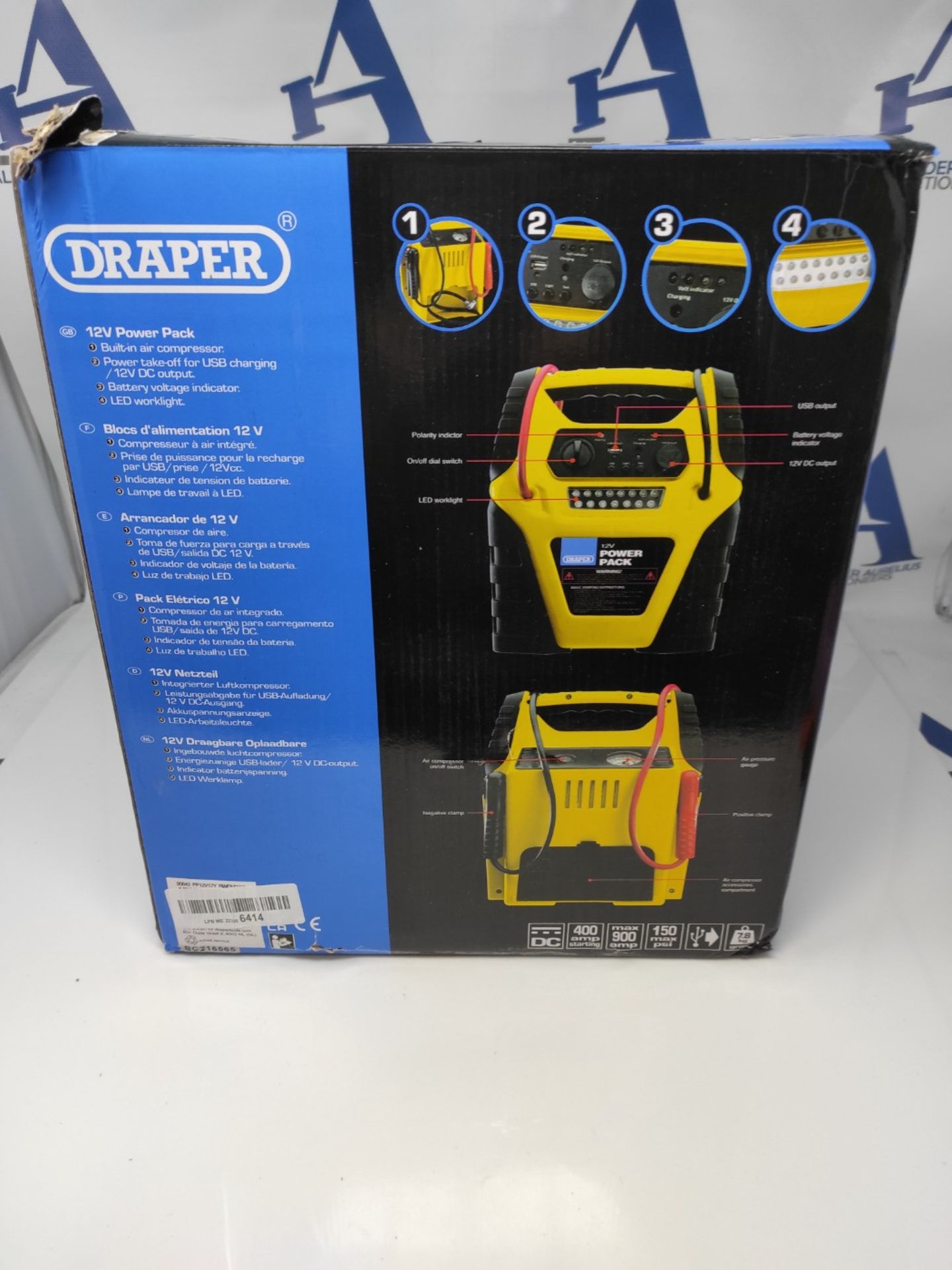 RRP £94.00 Draper 90643 12V Power Pack Jump Starter, Built in 12v Compressor, Vehicle Rescue, 900 - Image 2 of 3