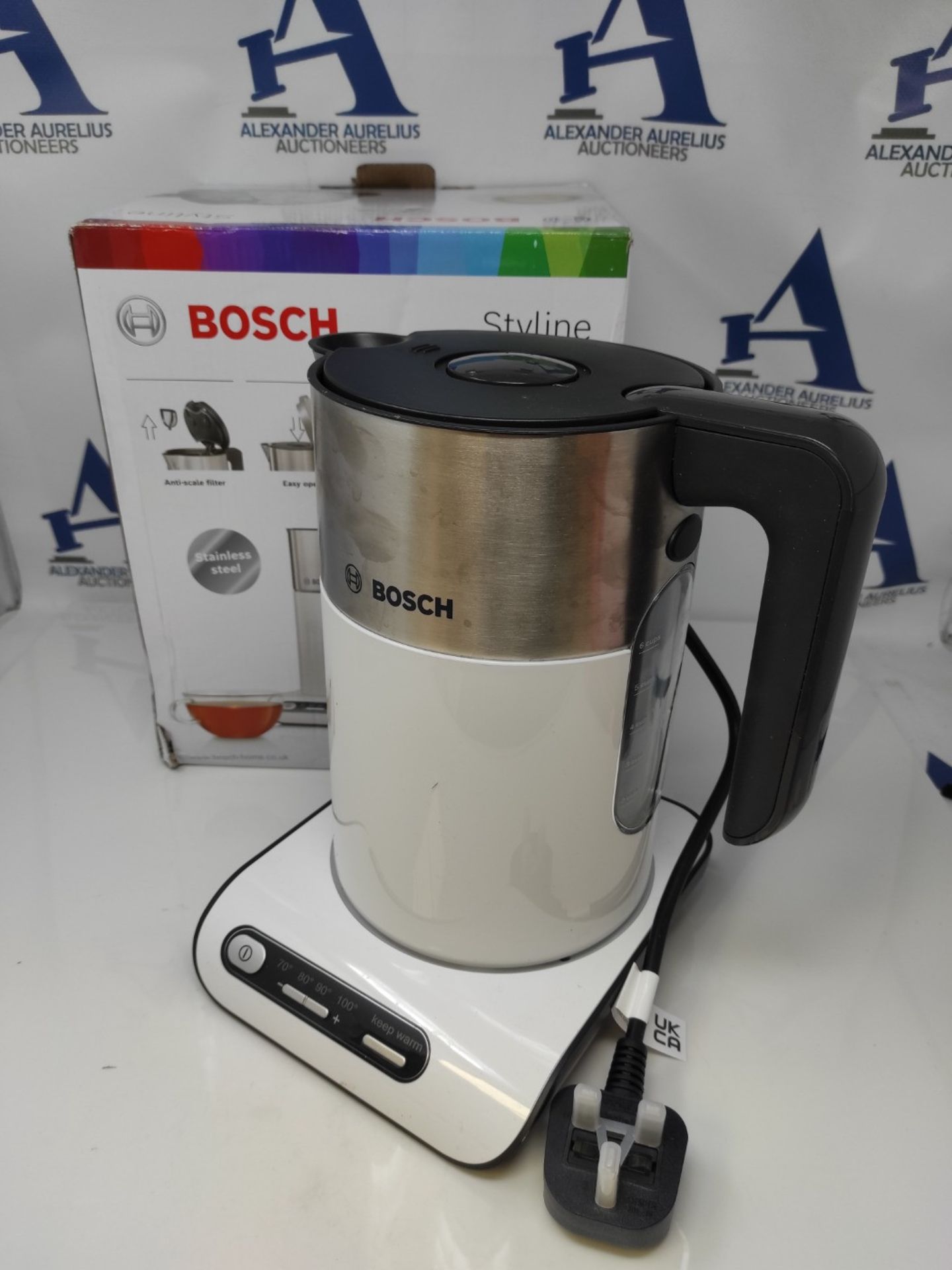 RRP £60.00 Bosch Styline TWK8631GB Variable Temperature Cordless Kettle, 1.5 Litres,3000W - White - Image 2 of 3