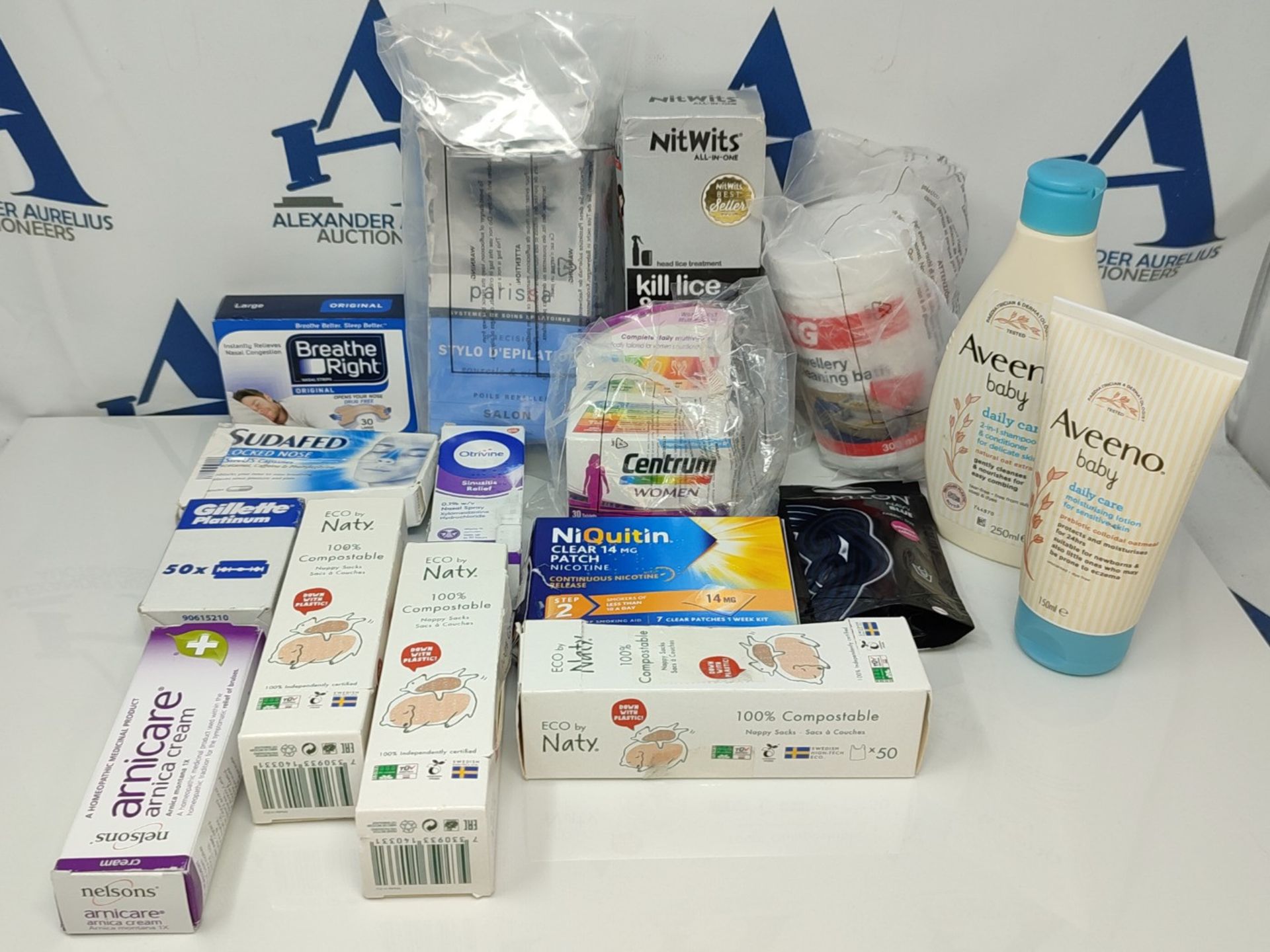 16 items of Pharmaceutical products and personal care: Aveeno, Gillette, Centrum and m