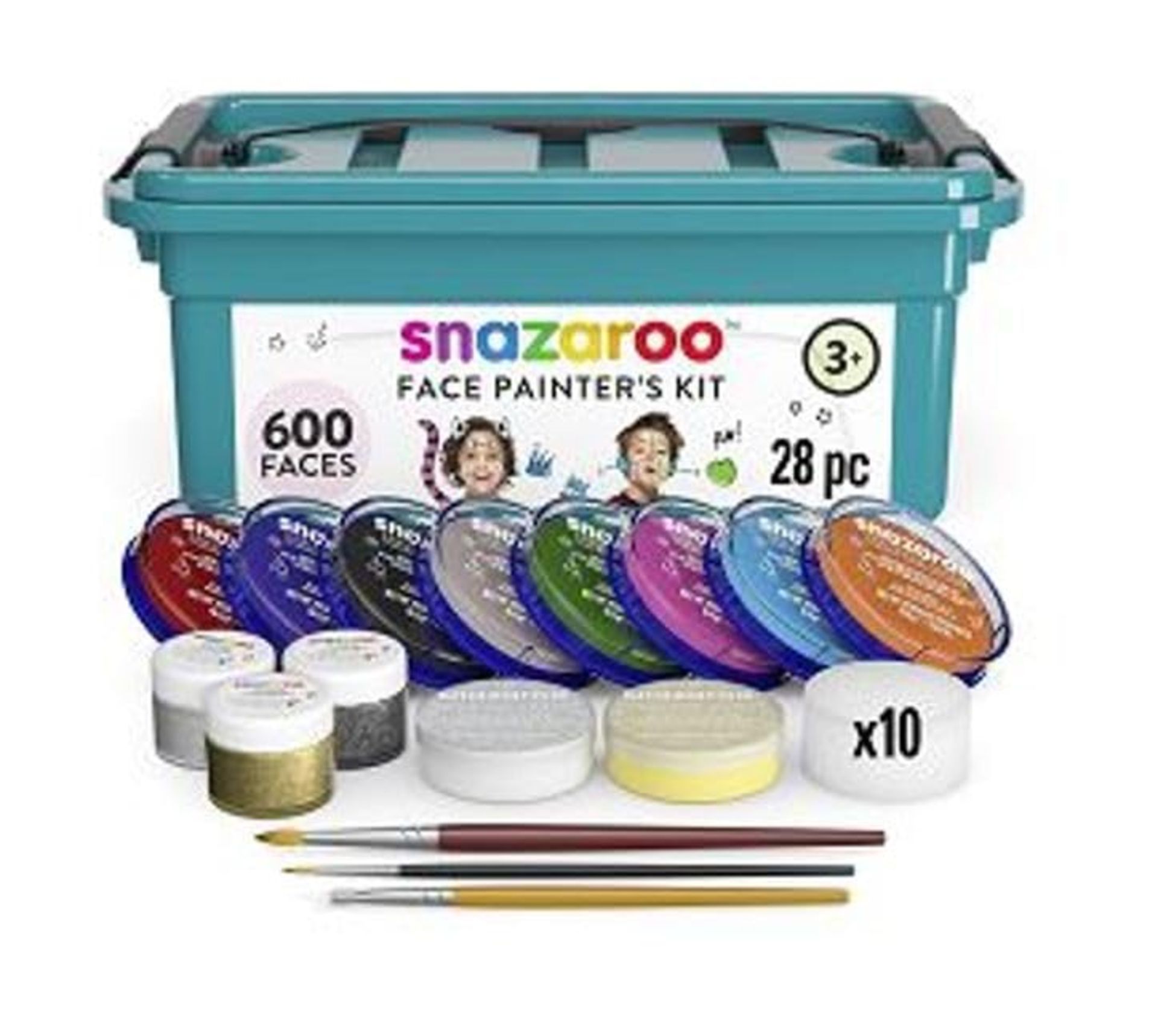 RRP £55.00 Snazaroo Face Painters Kit for Kids & Adults, 28 Pieces, 10 Colours, Brushes, Glitter