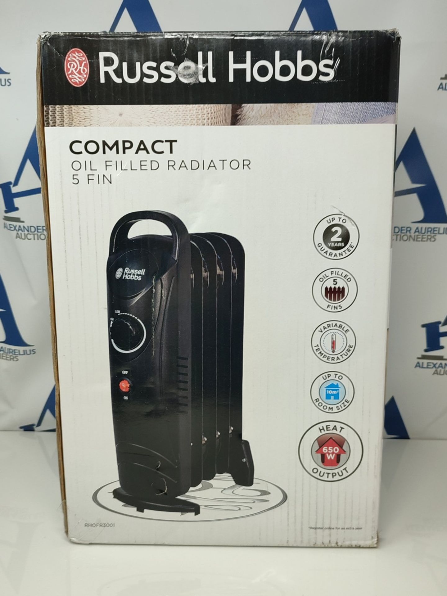 Russell Hobbs 650W Oil Filled Radiator, 5 Fin Portable Electric Heater - Black, Adjust - Image 2 of 3