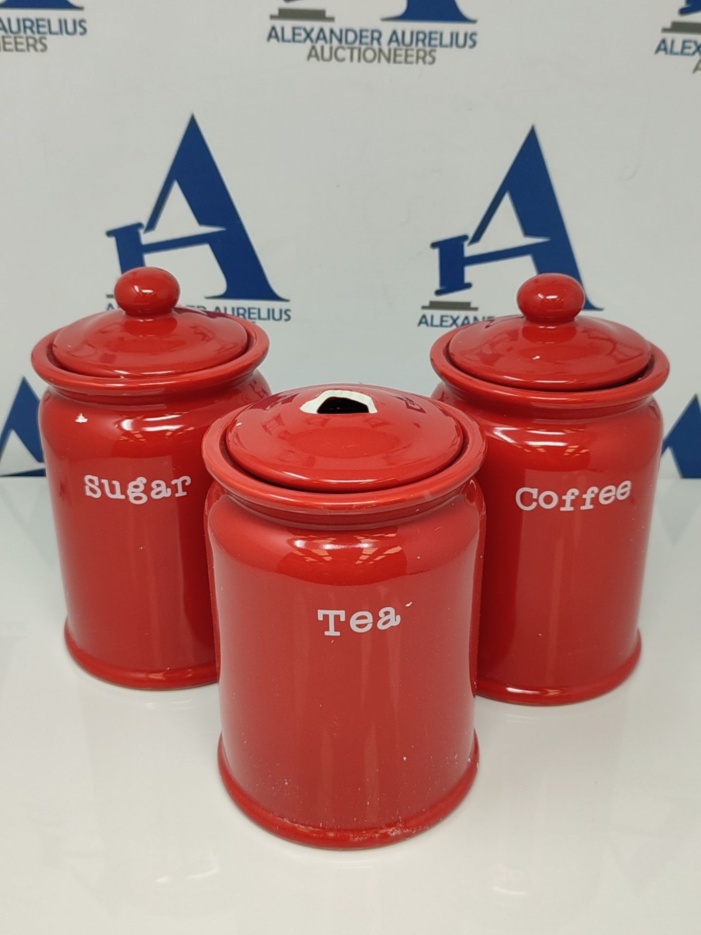 Tea Coffee and Sugar Large Storage Pots Ceramic Red Set of 3 - Image 2 of 3