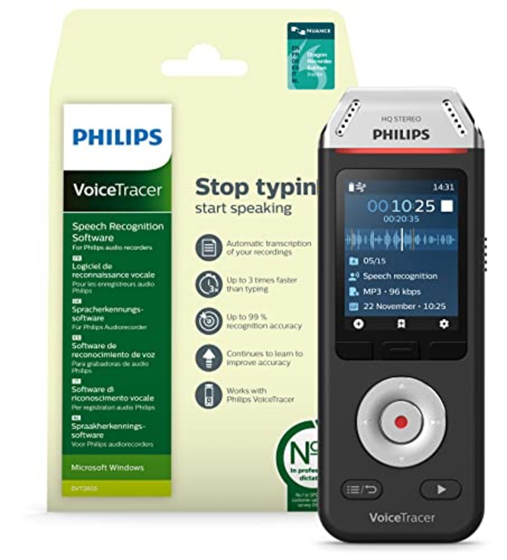RRP £111.00 Philips Grabadora de Audio VoiceTracer con Software de reconocimiento de Voz Dragon Sp