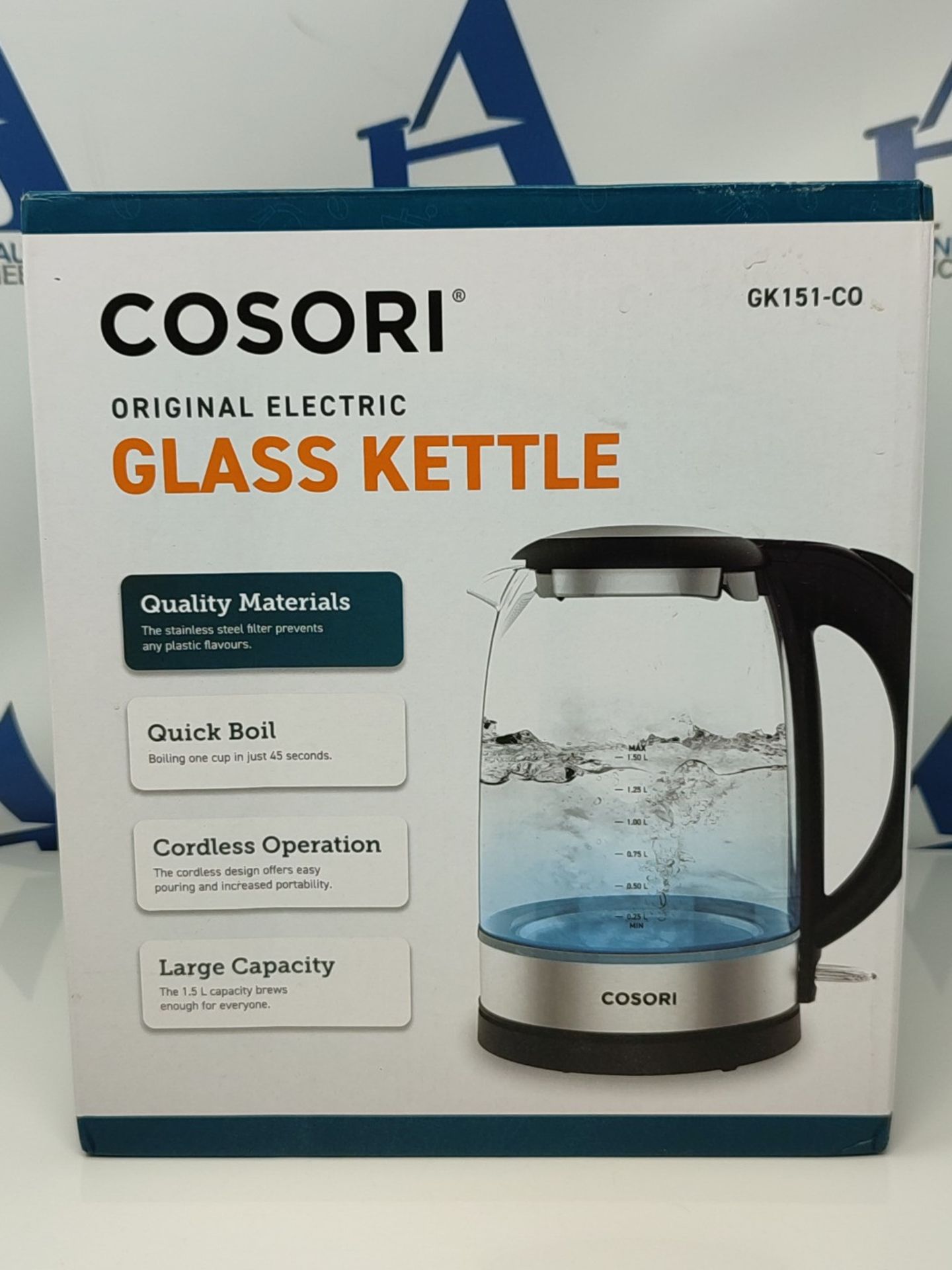 COSORI Electric Kettle Glass, Fast Boil Quiet, 3000W 1.5L with Blue LED, Stainless Ste - Image 2 of 3