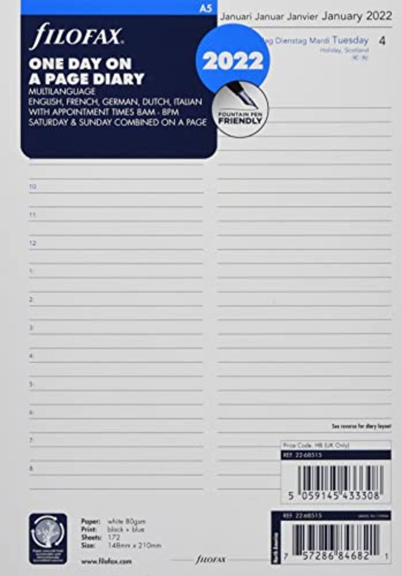 FILOFAX A5 DAY PER PAGE 5 LANGUAGE APPOI,White