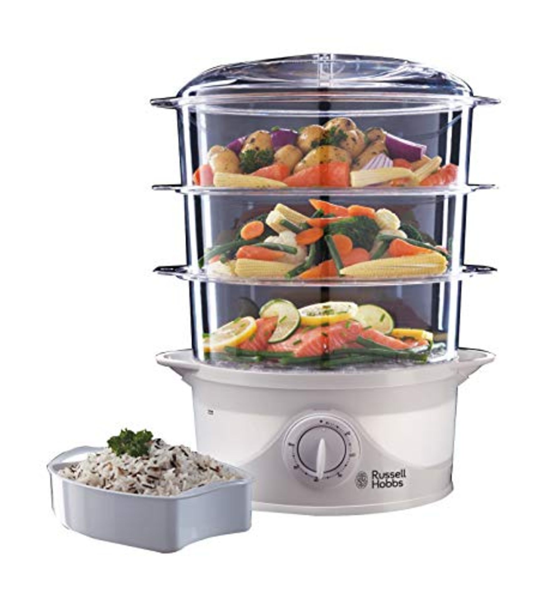 Russell Hobbs 3 Tier Electric Food Steamer, 9L, Dishwasher safe BPA free baskets, Stac