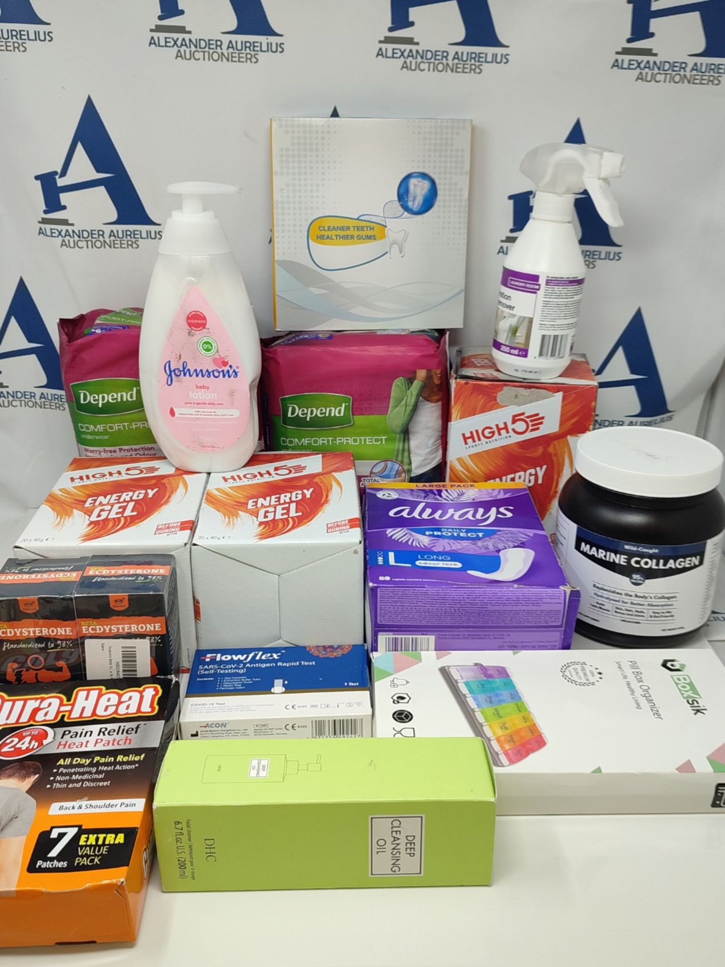 16 items of Pharmaceutical products and personal care:High5, Always, Johnsons and more