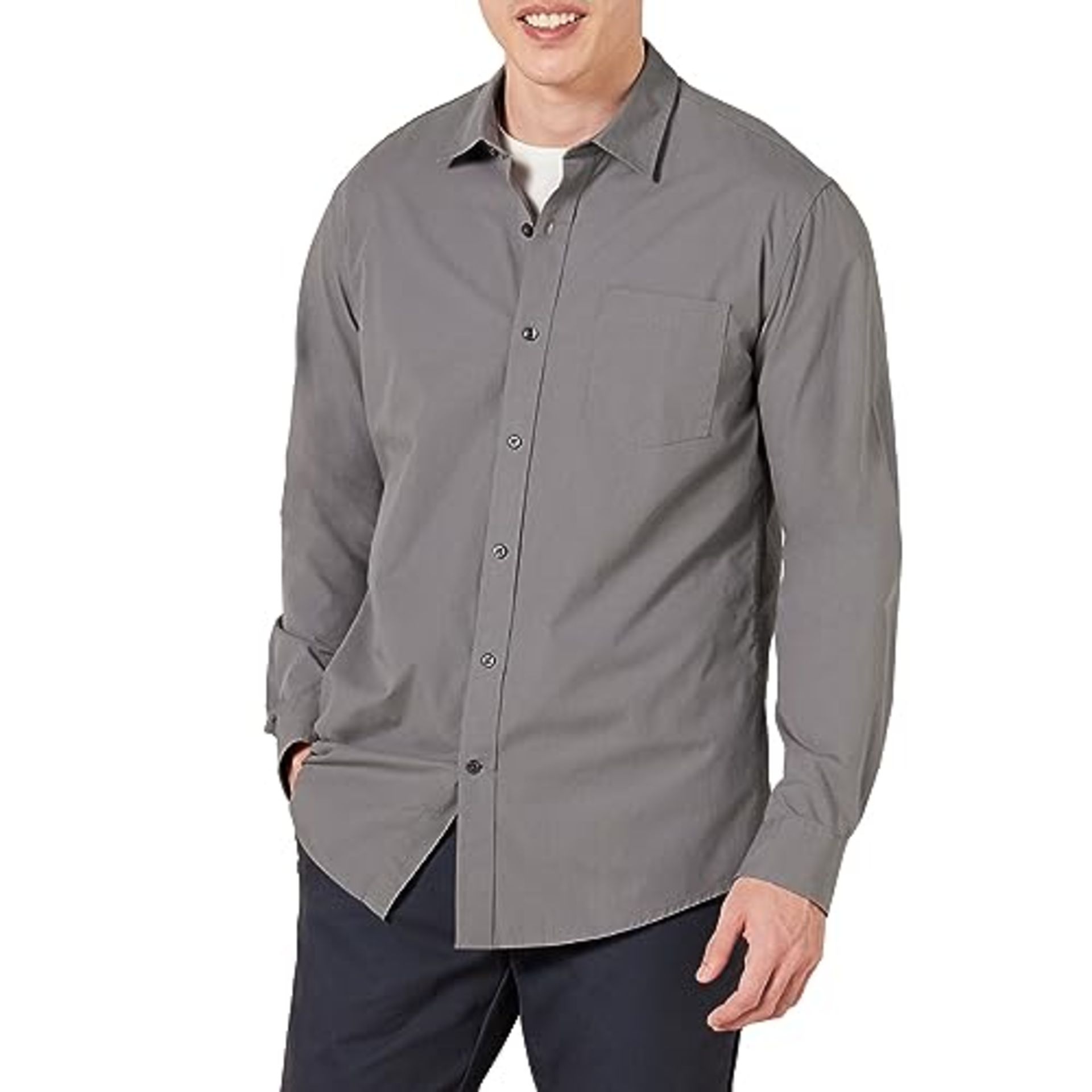 Amazon Essentials Long-sleeve Solid Poplin Shirt Grey, Medium