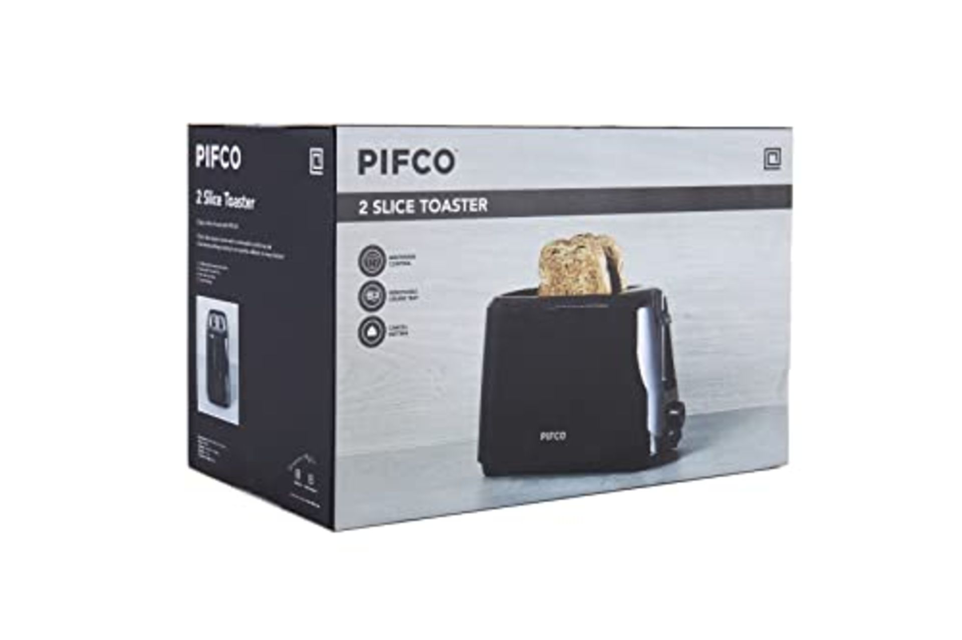 PIFCOÂ® Essentials Black Toaster 2 Slice - 6 Browning Controls & Anti-Jam Function -