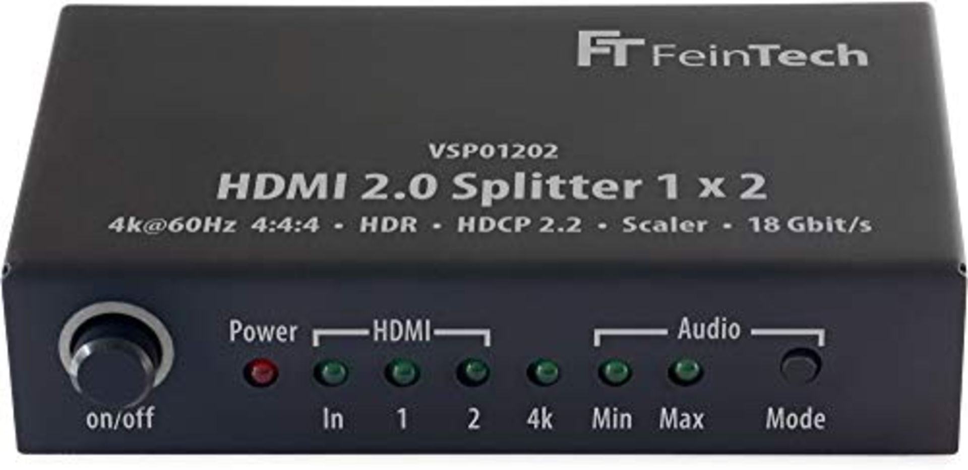 FeinTech VSP01202 HDMI 2.0 Splitter 1x2 with 4K HDR Down-Scaler Audio EDID Black