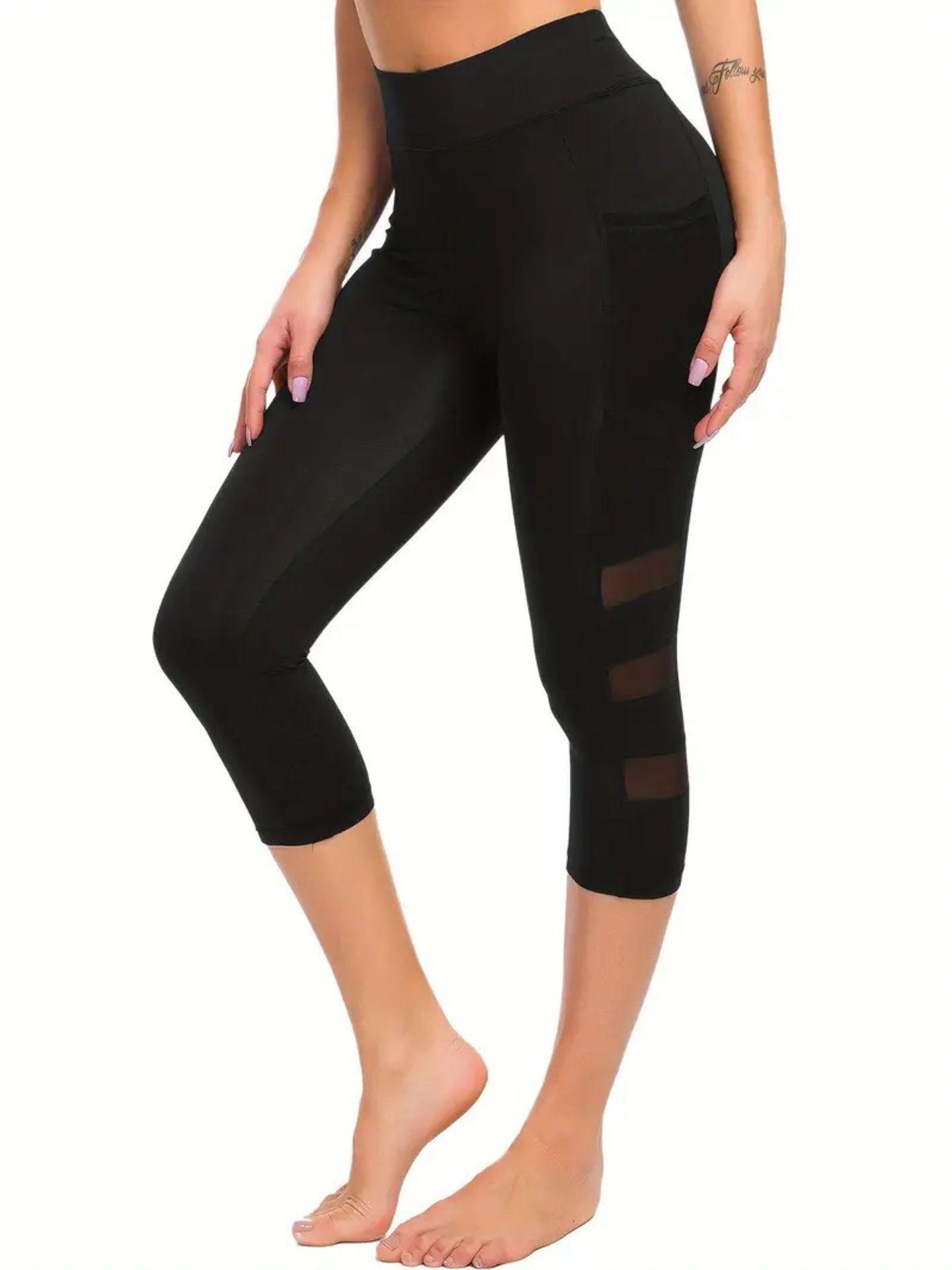 [NEW] Mesh Contrast Breathable Sports Yoga Capri Leggings, High Waist Stretch Workout