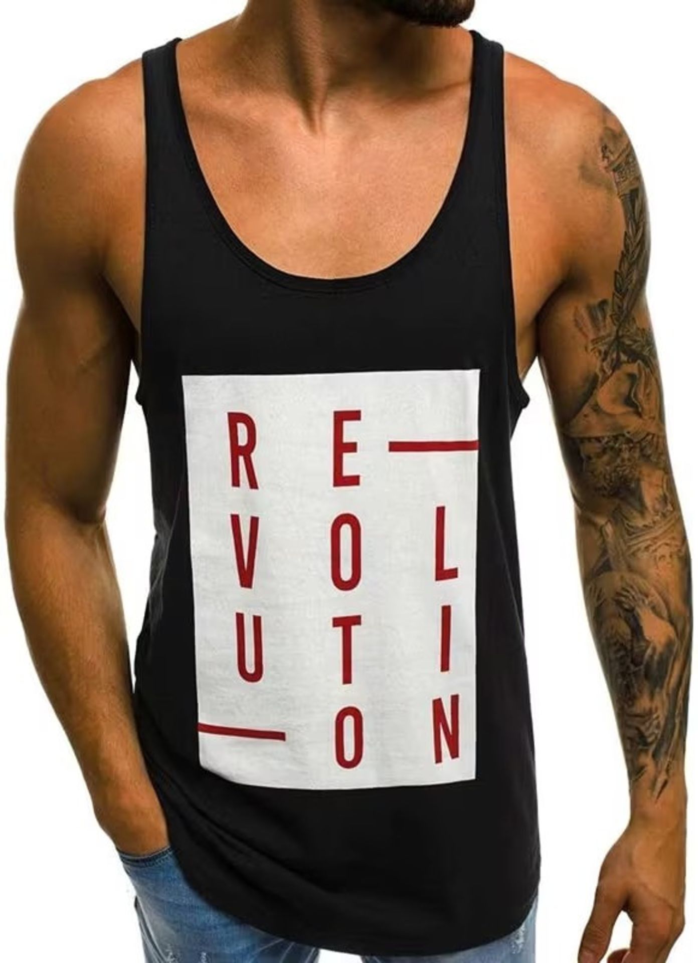 [NEW] Men's Stringer Tank Tops Print Cotton Sleevele Gym Workout Bodybuilding Fitness - Image 2 of 2