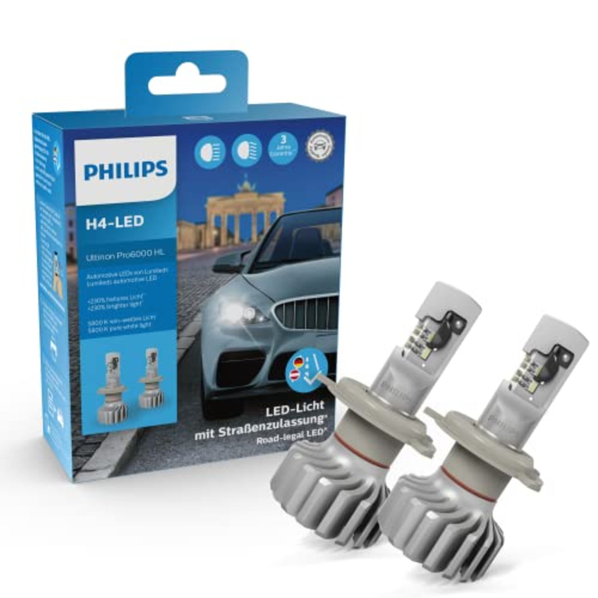RRP £94.00 Philips Ultinon Pro6000 H4-LED headlight bulb with road approval, 230% brighter light,