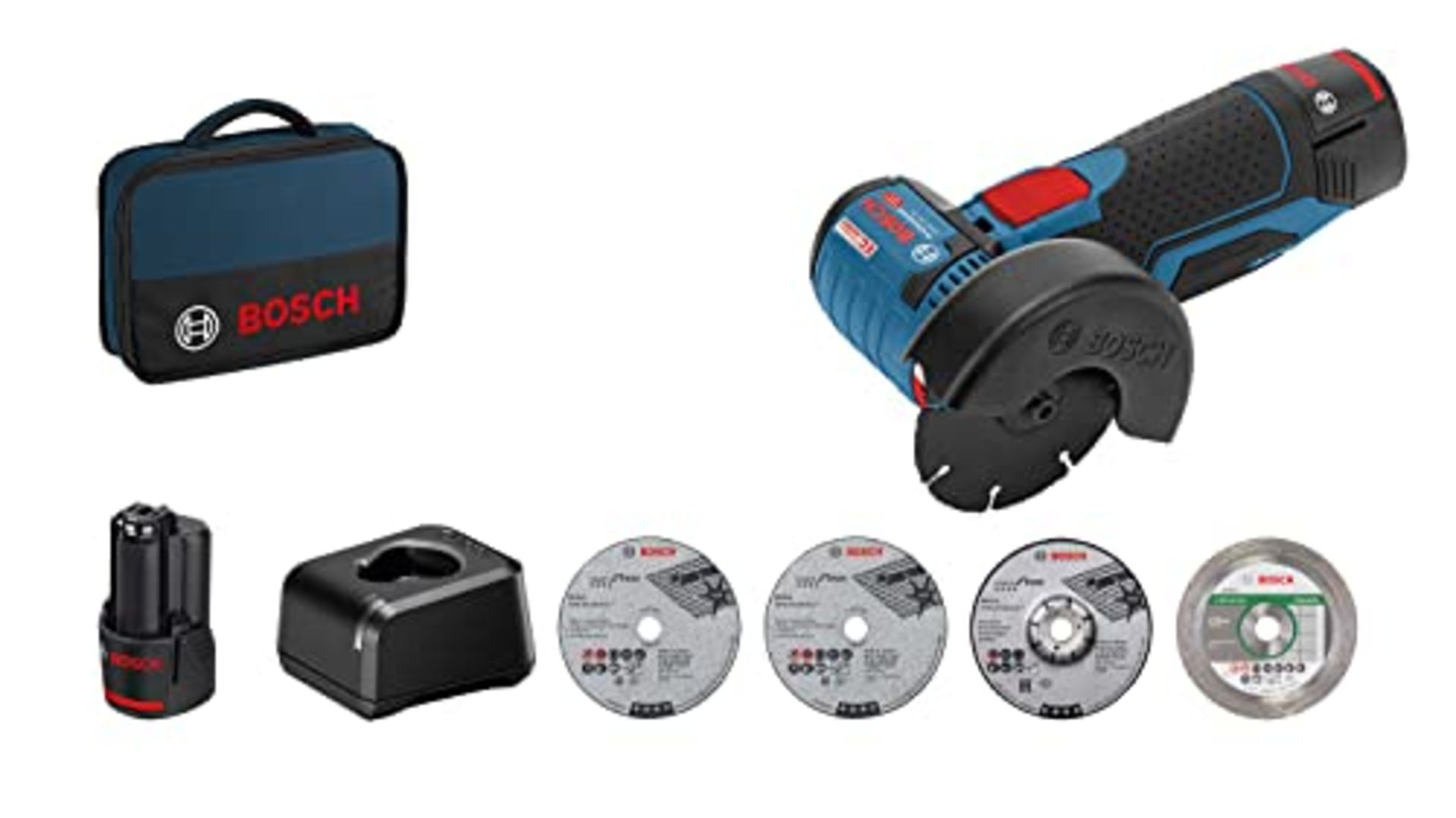 RRP £239.00 Bosch Professional 12V System cordless angle grinder GWS 12V-76 (with 2 batteries 2.0