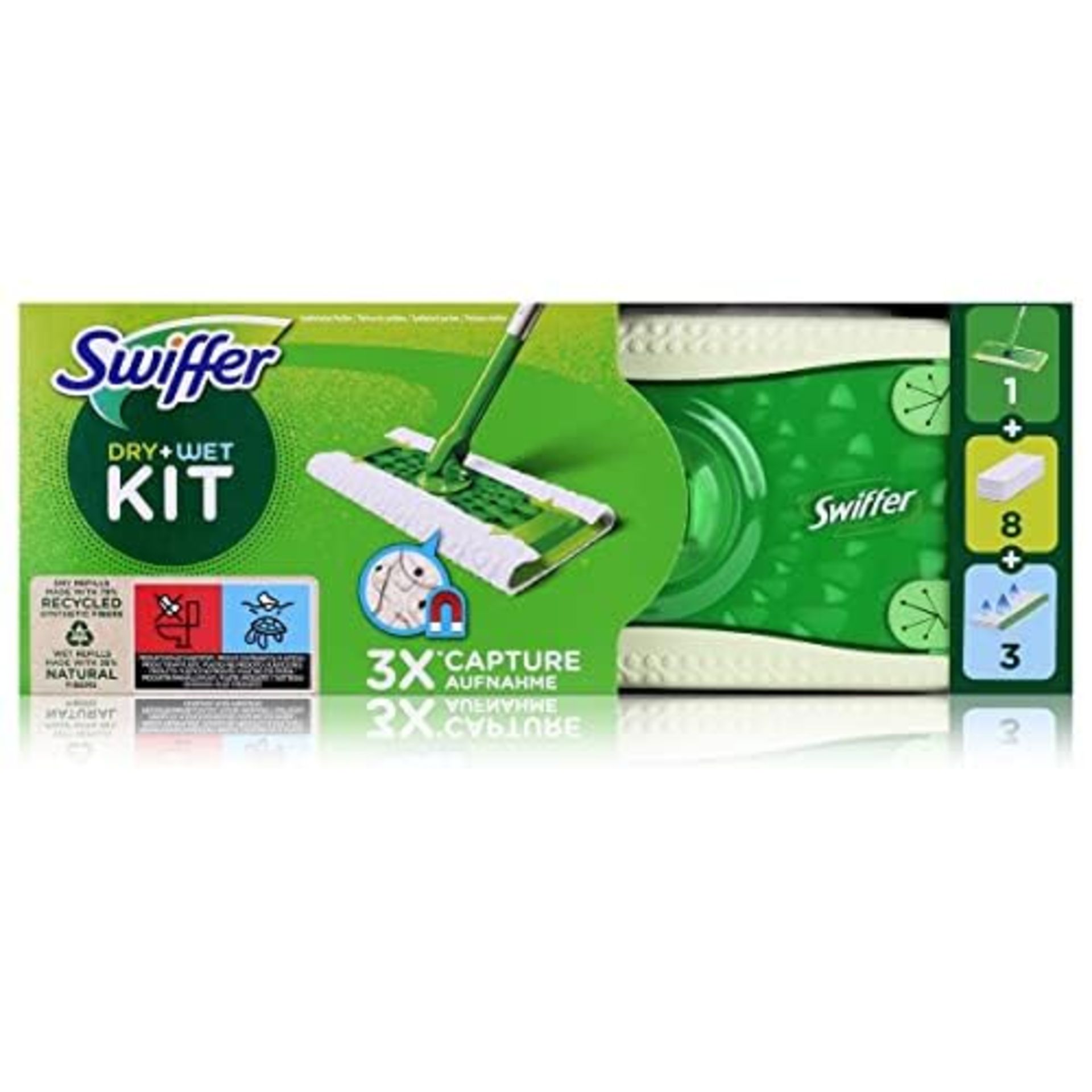 Swiffer Complete Kit Mop, 8 Dry Cloths + 3 Wet Cloths, Traps and Retains 3x More Dust,