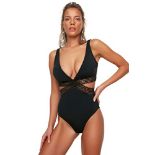 Trendyol Women's Black Striped Detailed One-Piece Swimsuit, Size 48