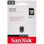 SanDisk 128GB Ultra Fit, USB 3.2, USB Flash Drive, speeds up to 400MB/s.