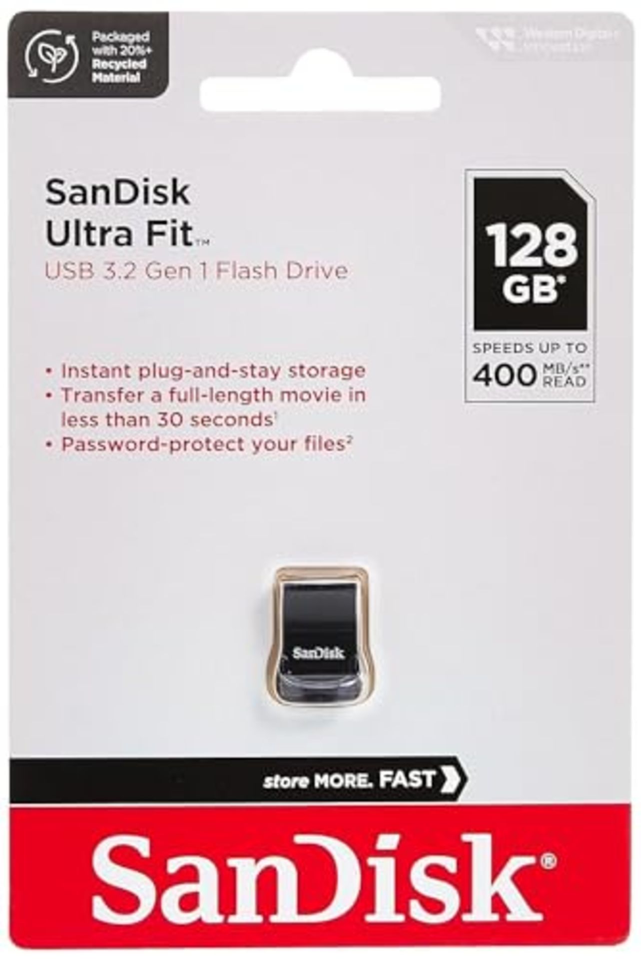 SanDisk 128GB Ultra Fit, USB 3.2, USB Flash Drive, speeds up to 400MB/s.