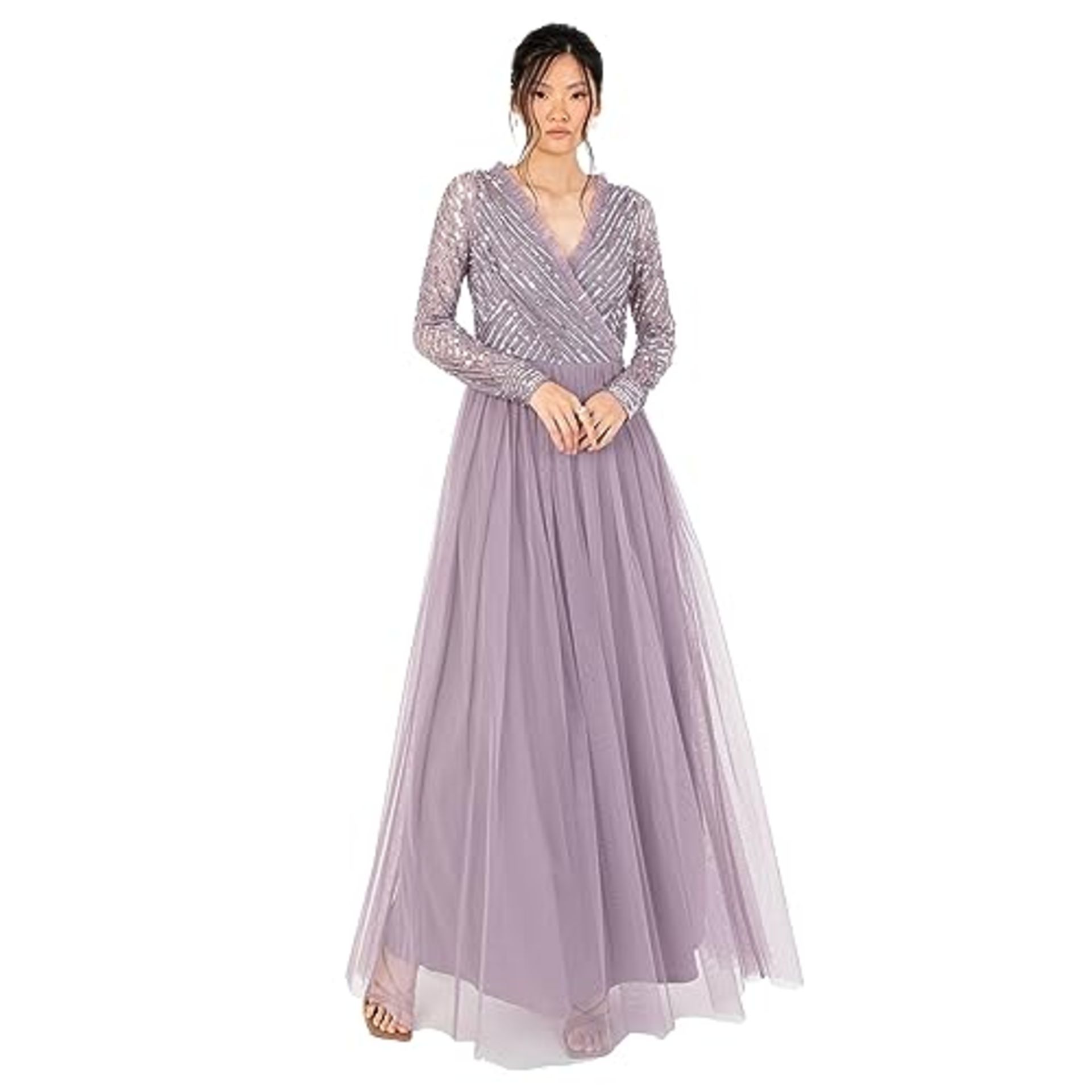 RRP £98.00 Maxi dress for women with embellishments, wrap design, tulle frills, and V-neck. Perfe