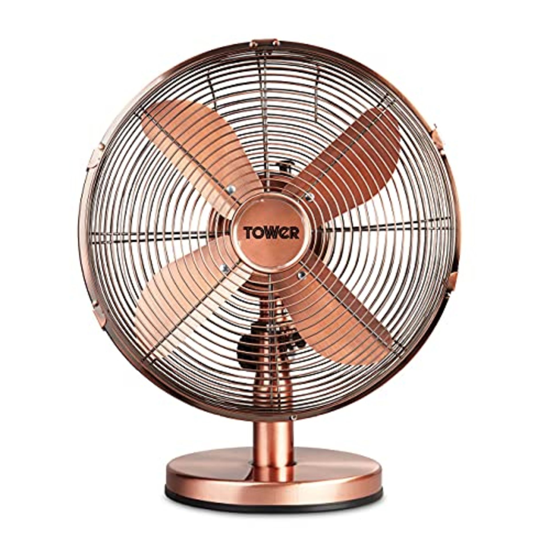 Tower T605000C Metal Desk Fan with 3 Speeds, Automatic Oscillation, 12 , 35W, Copper