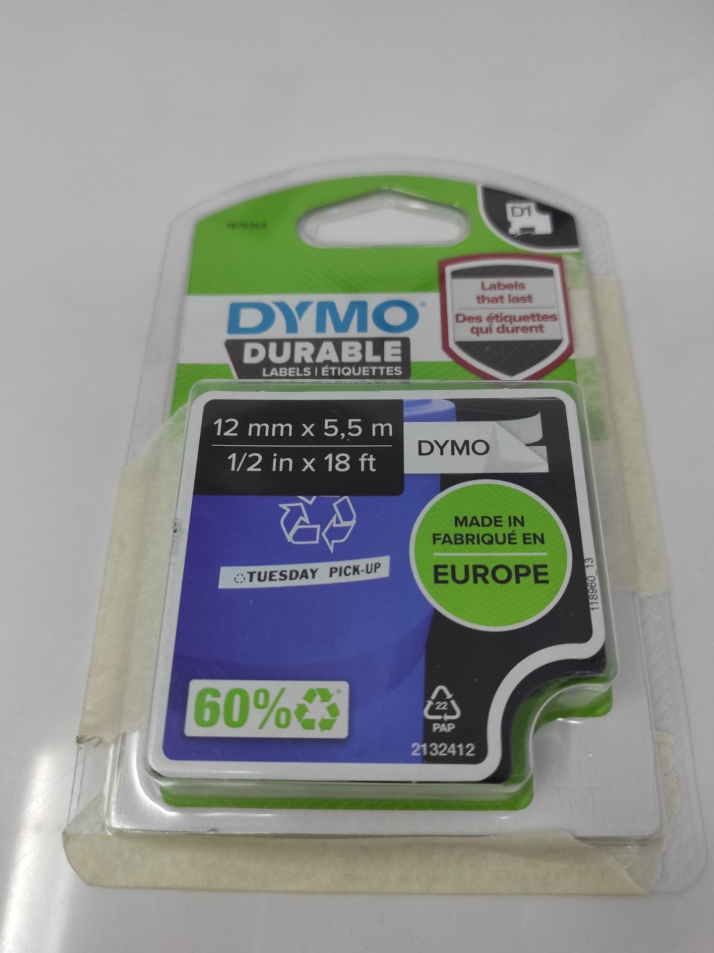 DYMO Authentic D1 Durable Labels | Black Print on White Tape | 12 mm x 5.5 m | High-Pe - Image 2 of 2