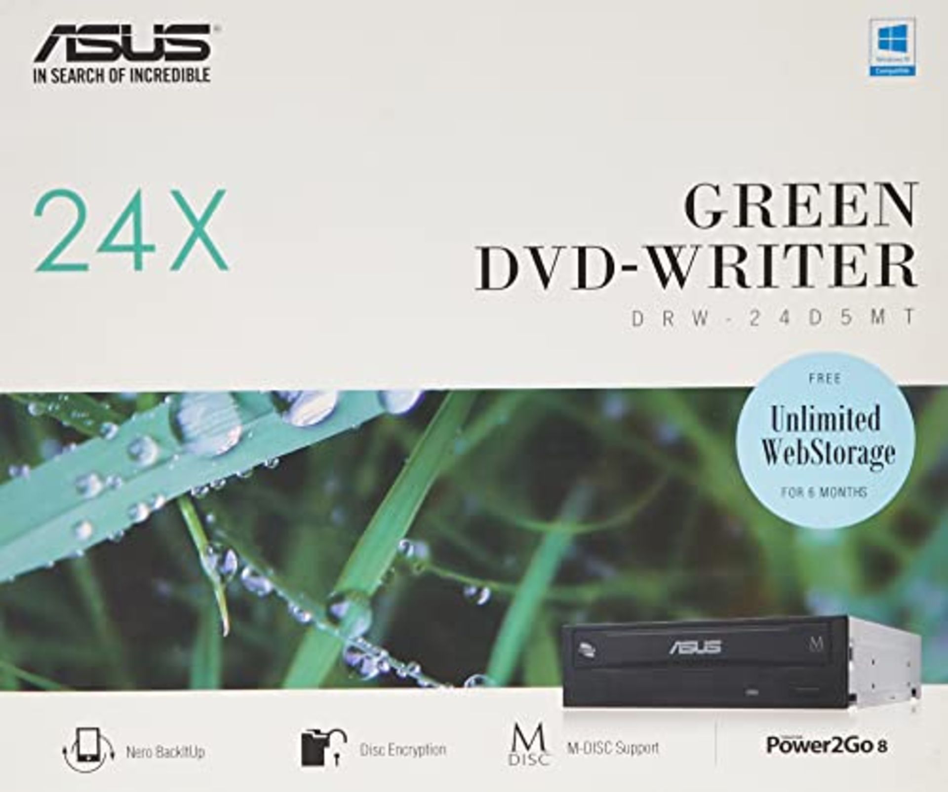 ASUS DRW-24D5MT 24X DVD writer, M-DISC support, Disc Encryption, Unlimited Webstorage(