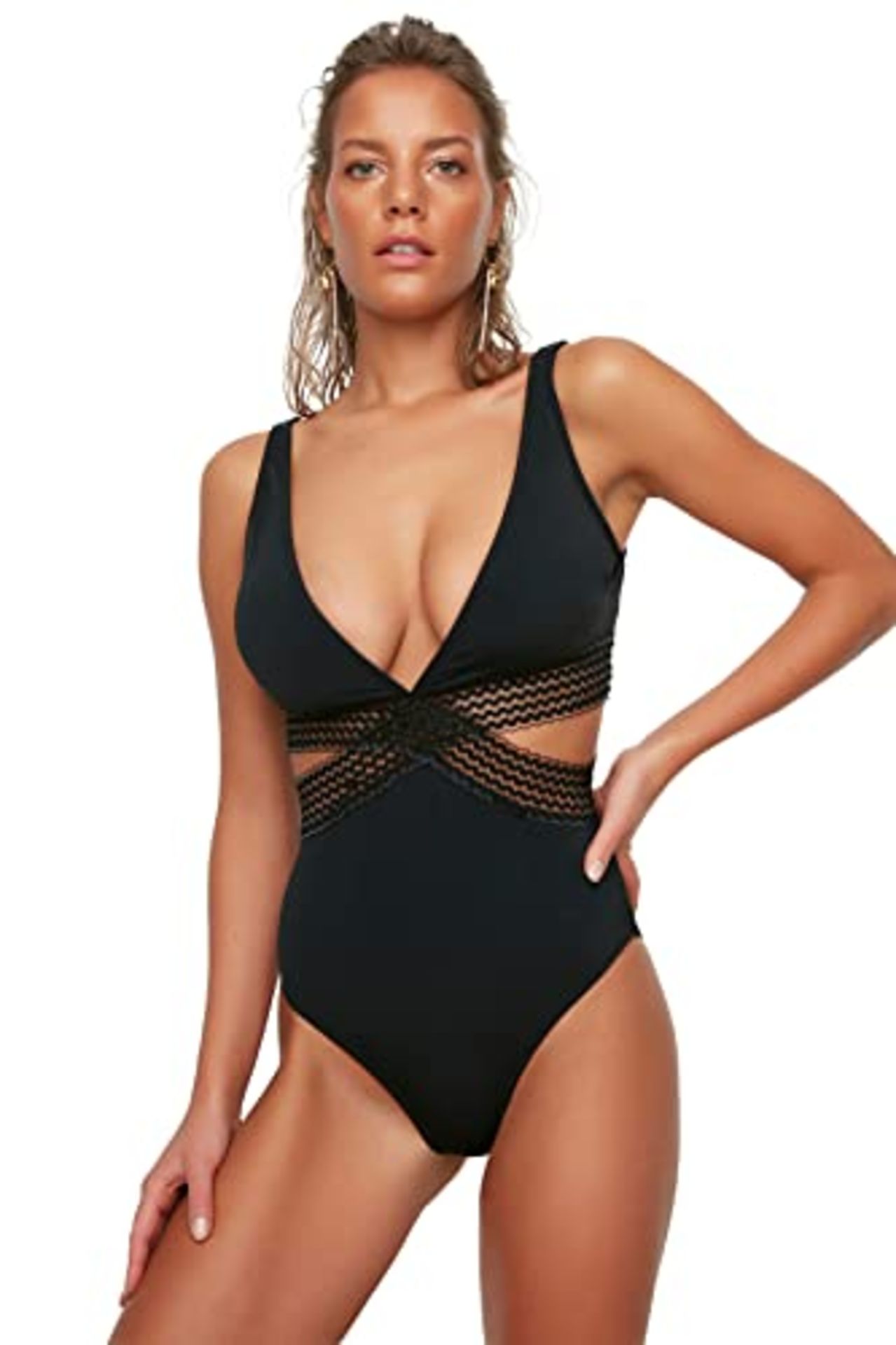 Trendyol Women's Black Striped Detailed One-Piece Swimsuit, Size 48