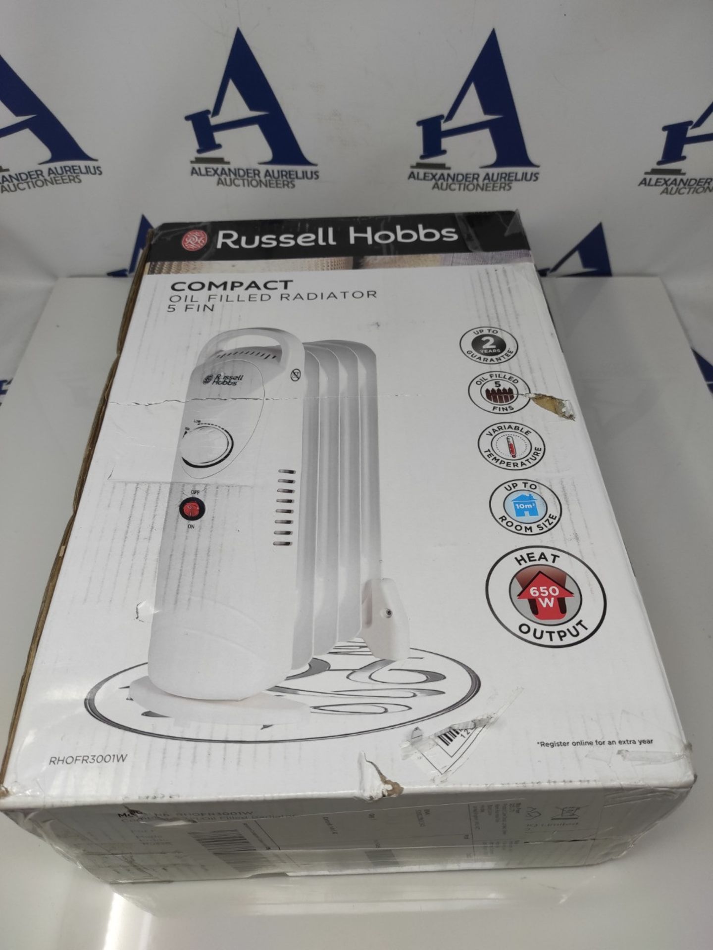 Russell Hobbs 650W Oil Filled Radiator, 5 Fin Portable Electric Heater - White, Adjust - Image 3 of 3