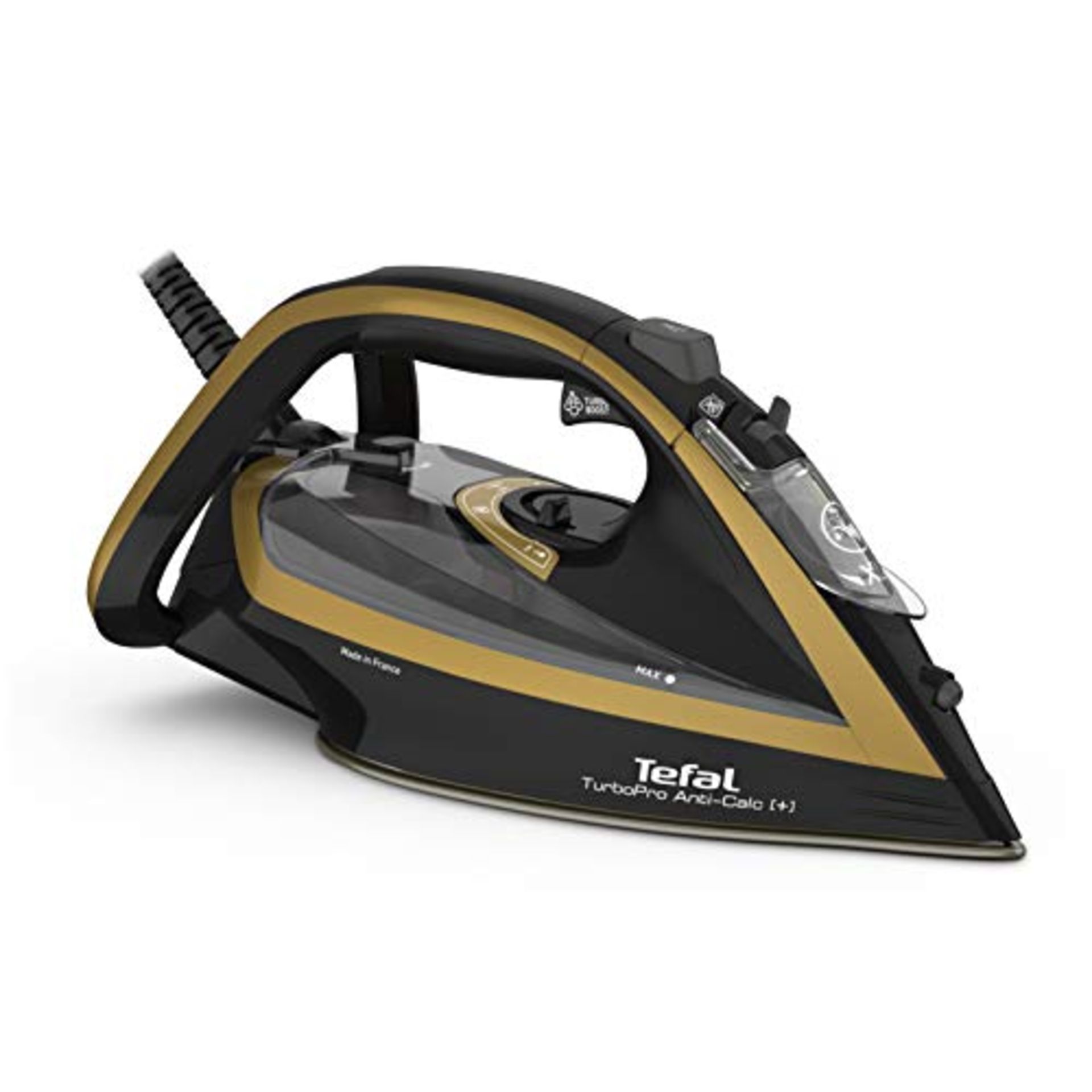 RRP £75.00 Tefal Steam Iron, Ultimate Turbo Pro Anti-Scale, 3000W, Black & Gold, FV5696