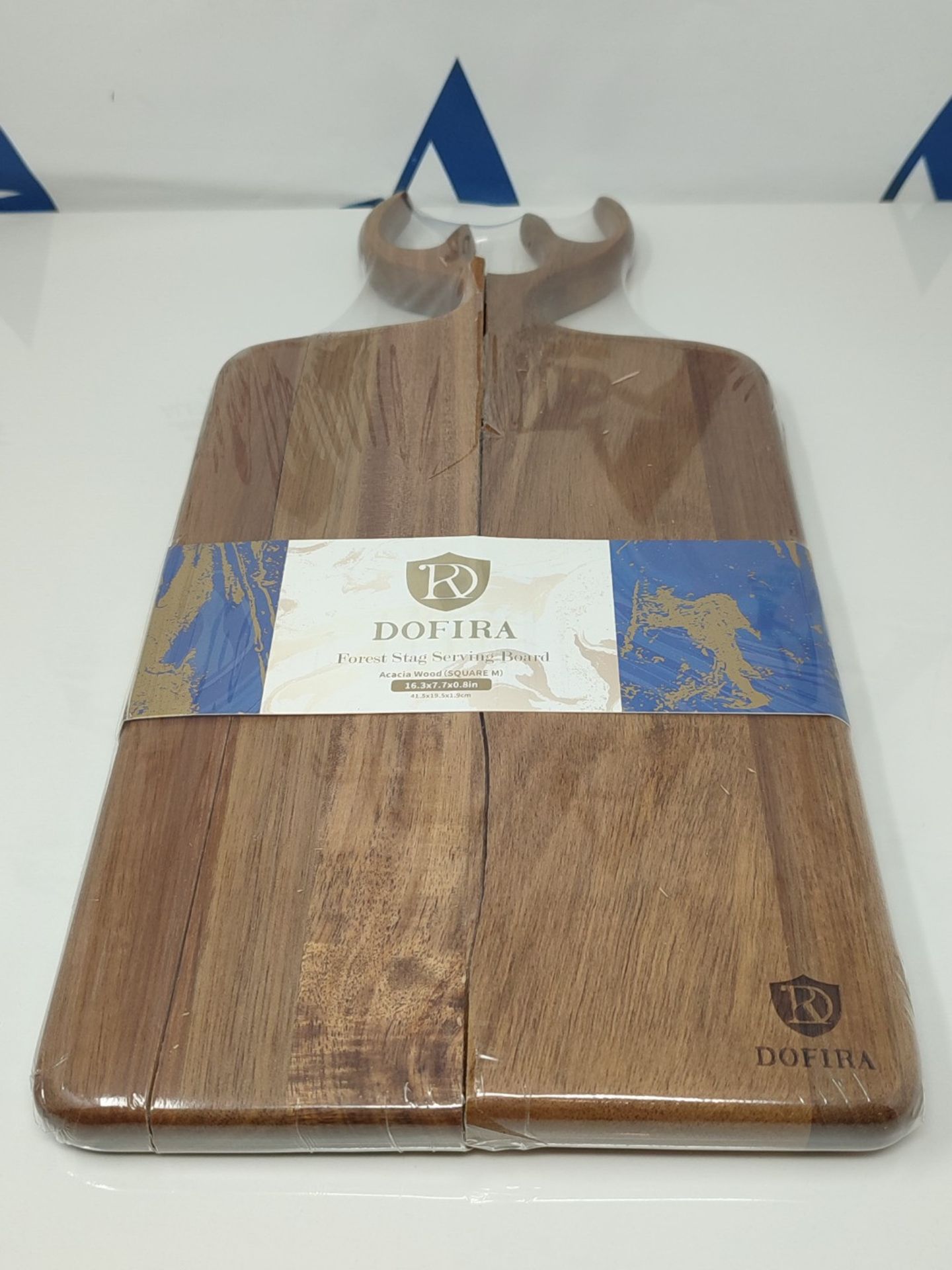 RRP £52.00 [CRACKED] Dofira Acacia Wood Cutting Board with Antler Handle, Wooden Decorative Servi - Image 2 of 2