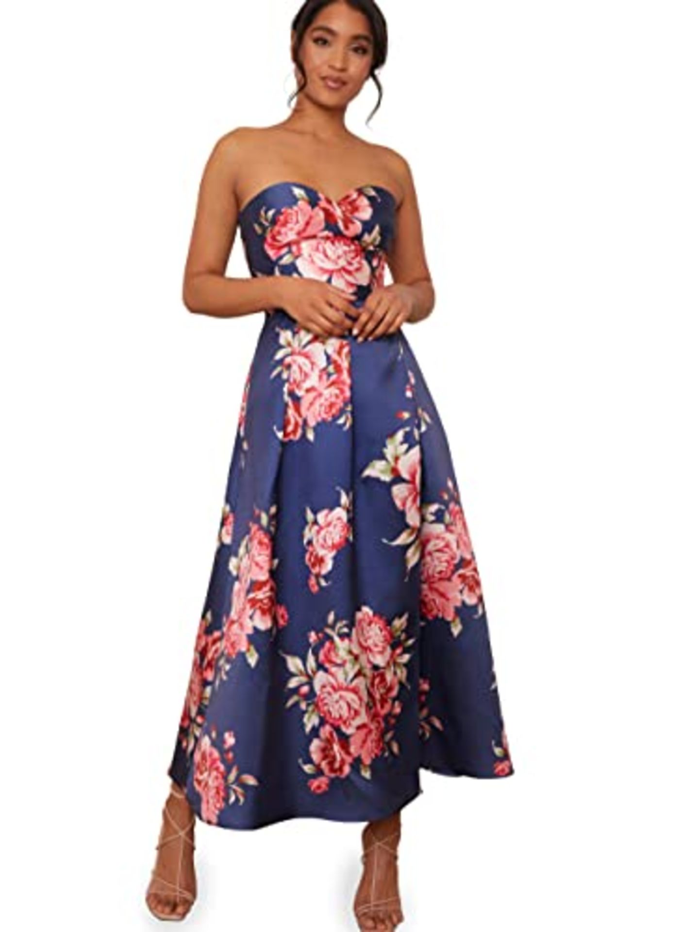RRP £125.00 Chi Chi London Women's Strapless Dress with Floral Pattern in Navy Blue Cocktail Dress