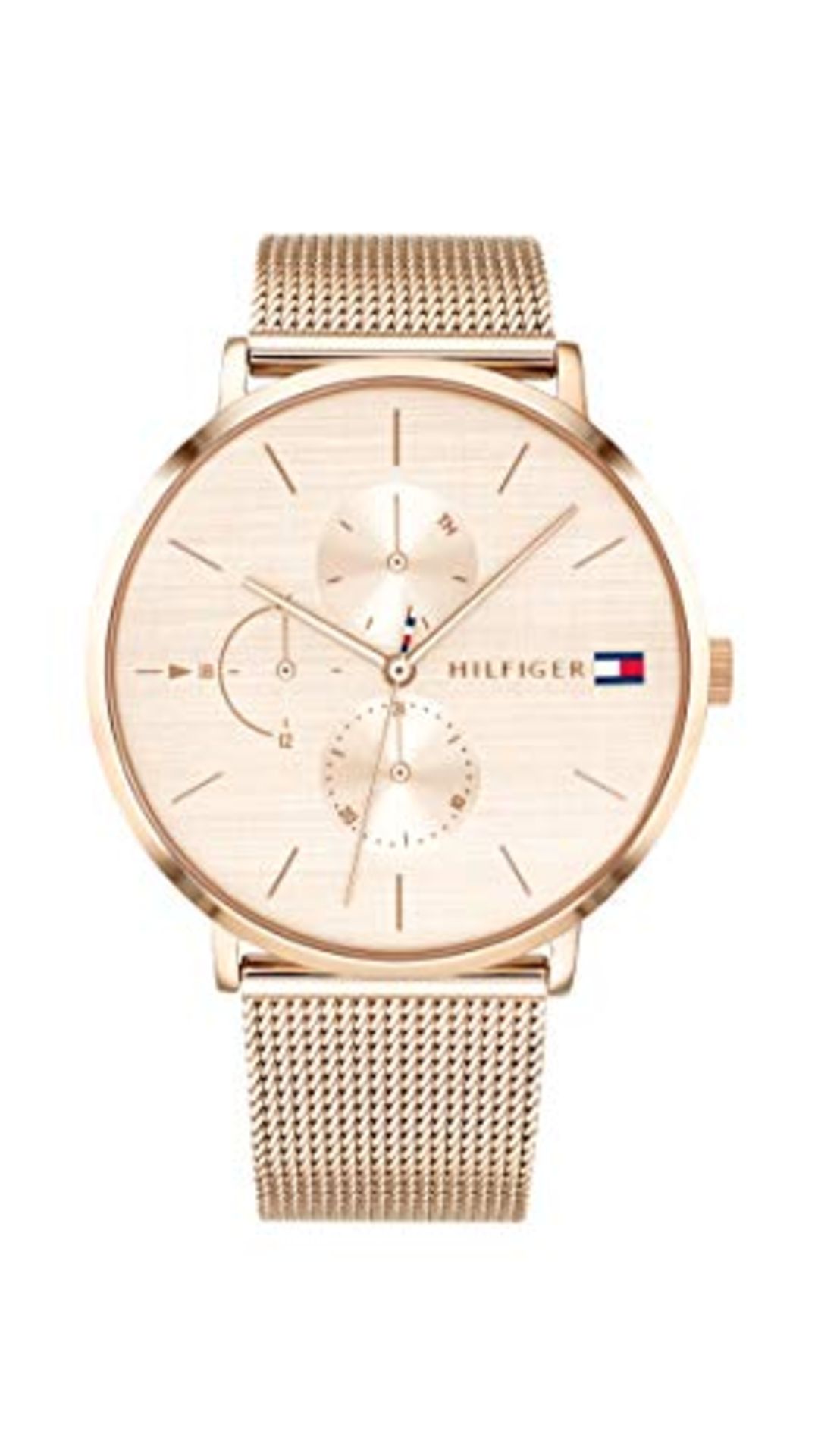 RRP £120.00 Tommy Hilfiger Multi Dial Quartz Watch for Women with Rose Gold Stainless Steel Mesh L